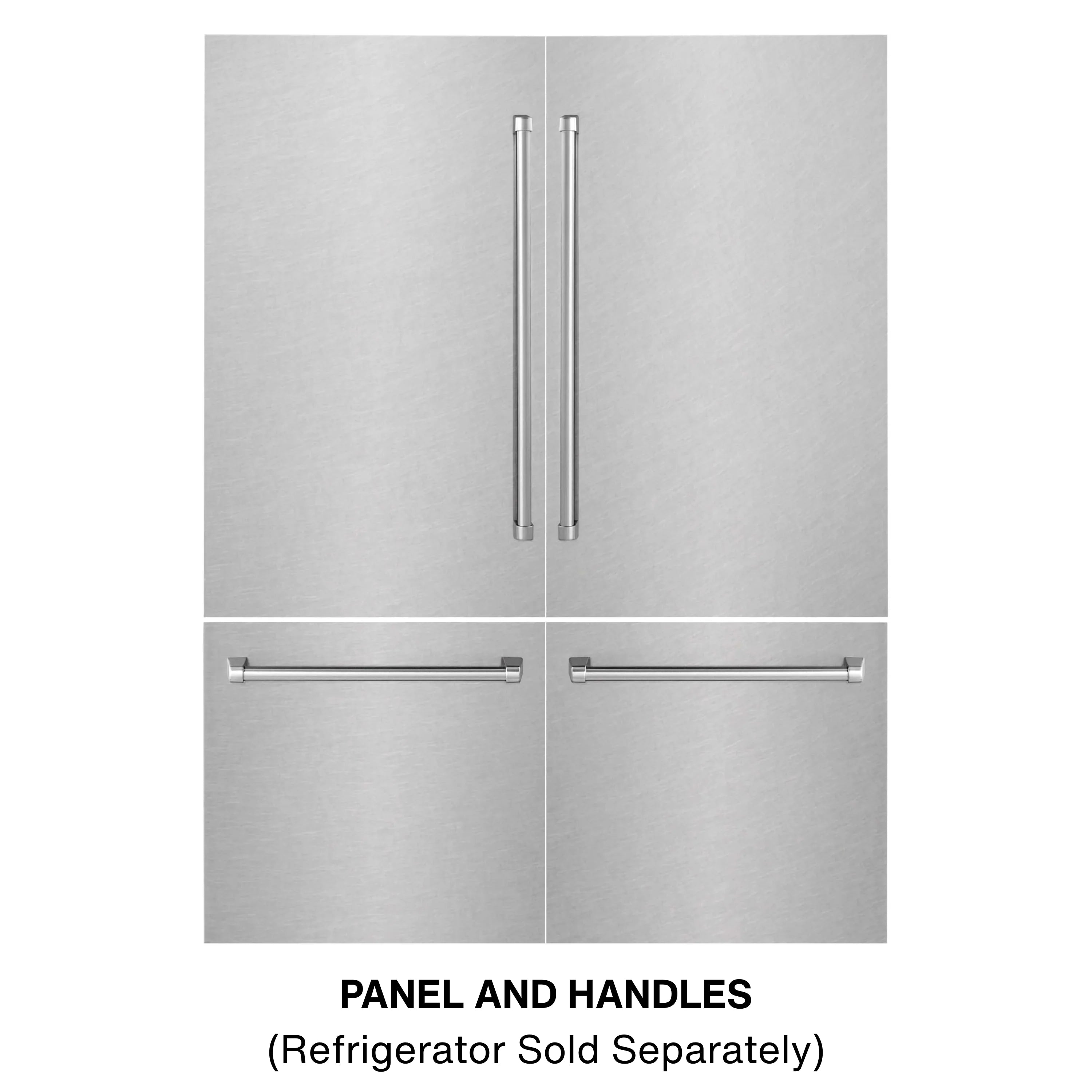 Stainless steel refrigerator panels with vertical handles and two horizontal handle bars