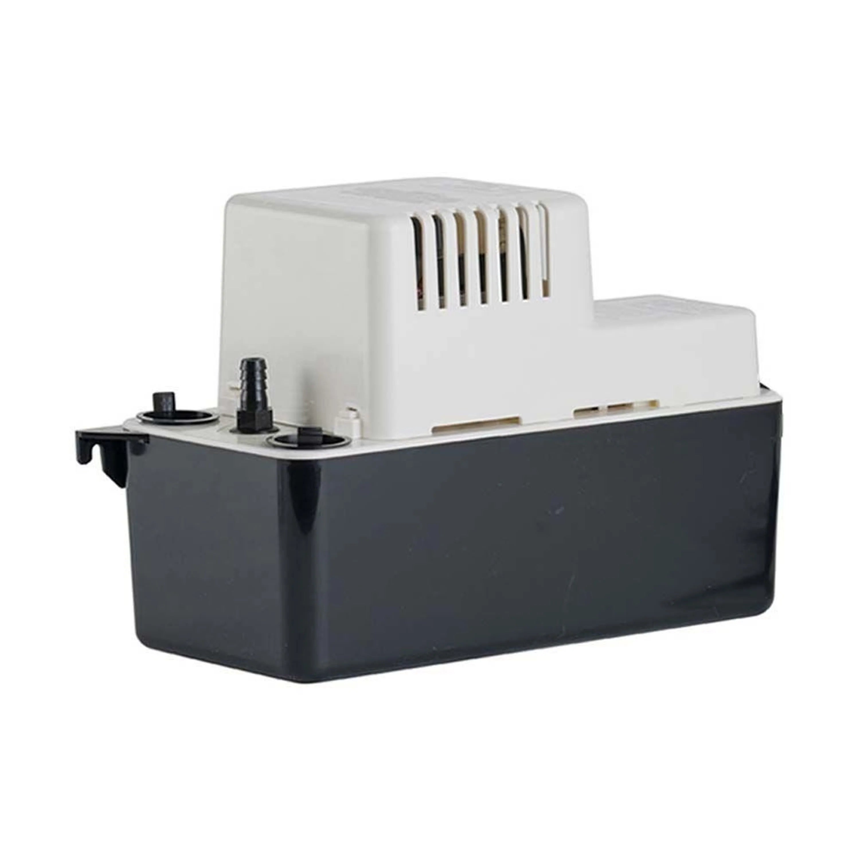 Ice maker drain pump with black base and white vented housing