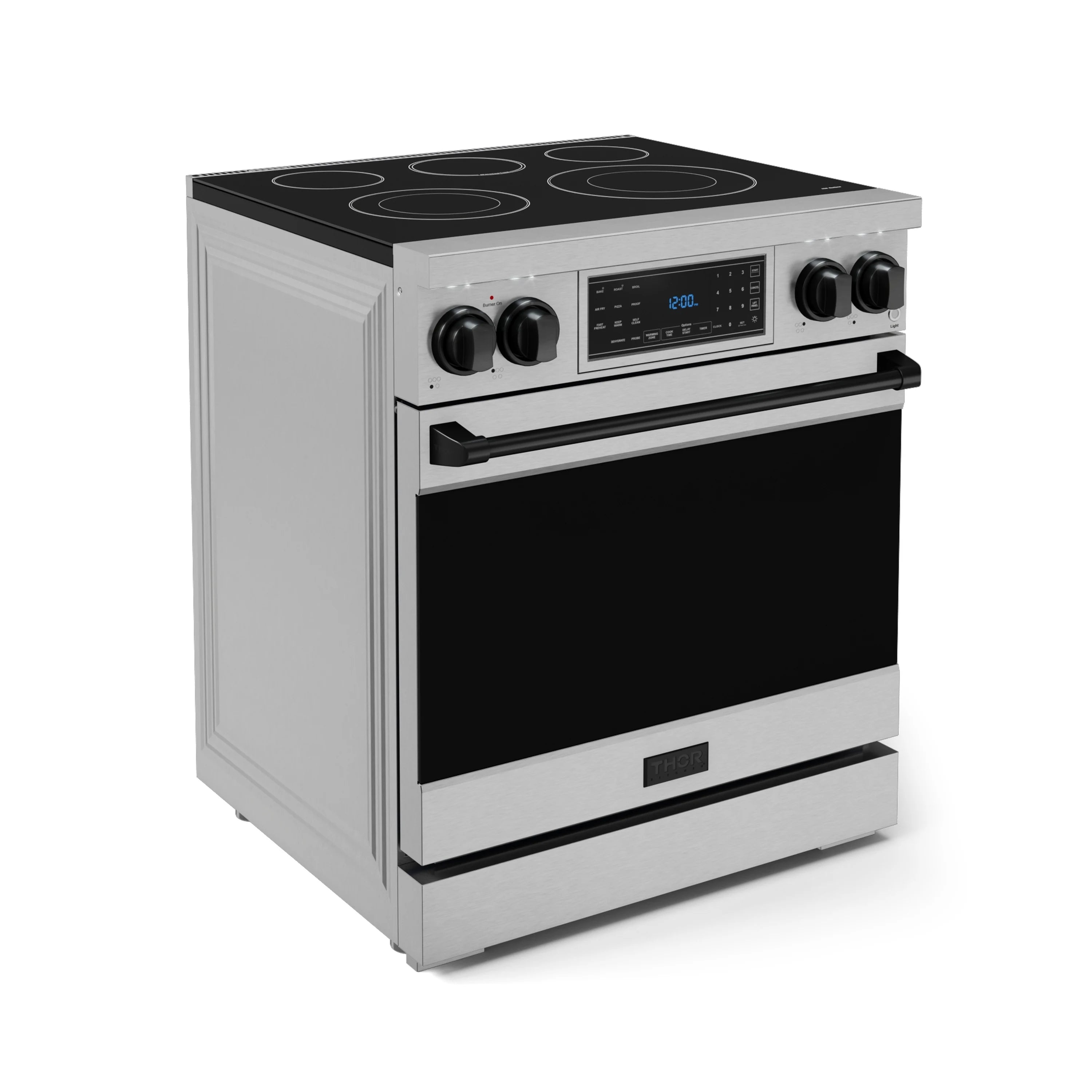 Stainless electric range with black glass cooktop, oven door, and front control panel