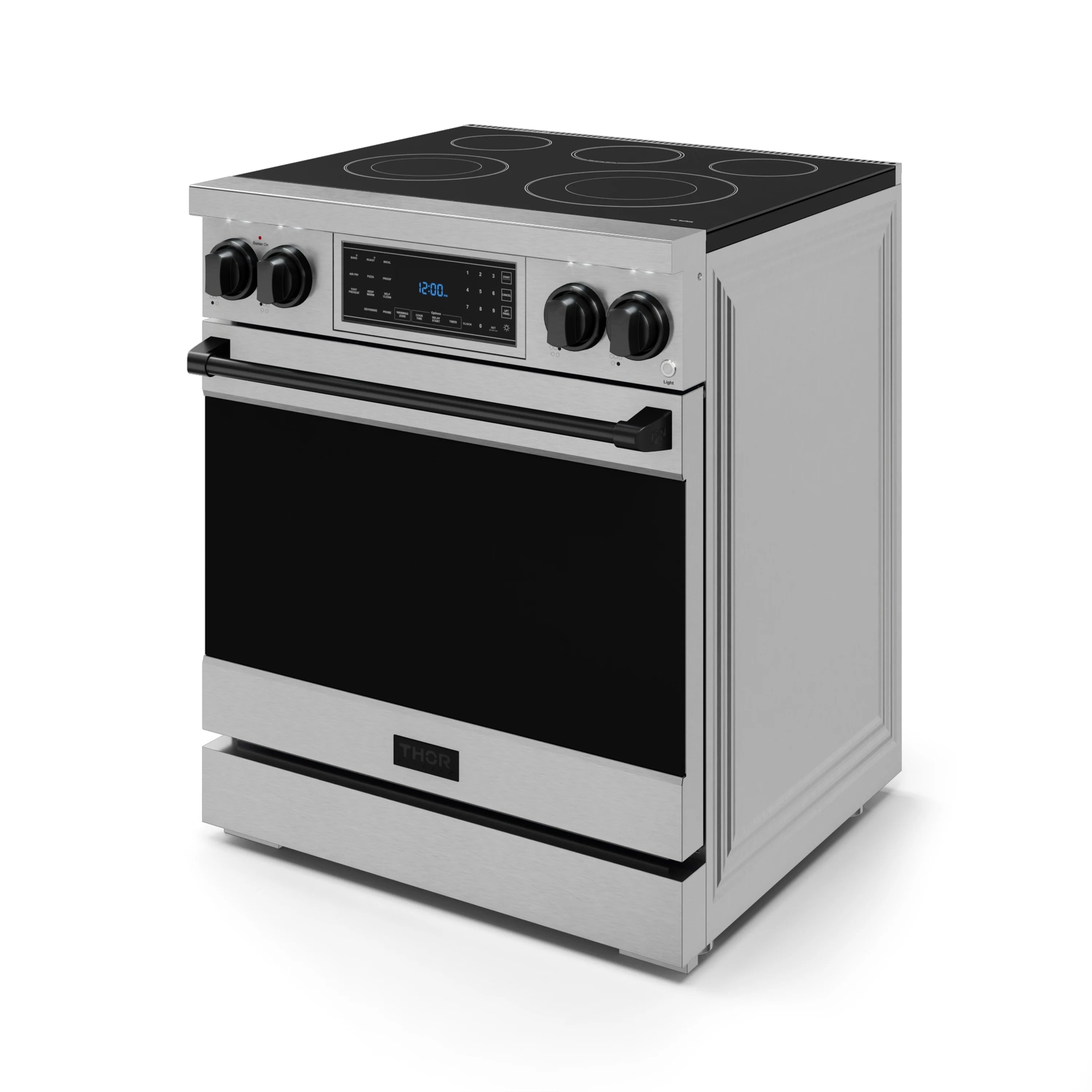 Stainless electric range with black cooktop, digital display, and four control knobs