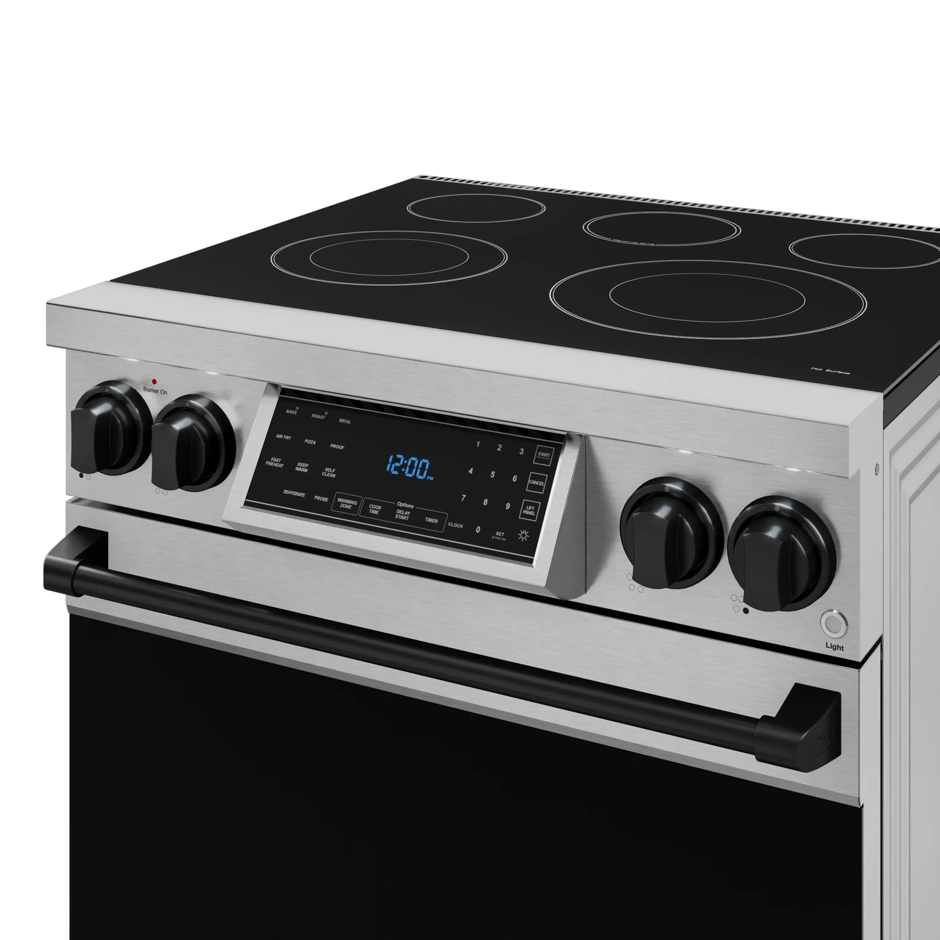 Stainless electric range cooktop with circular burners, digital display, and control knobs