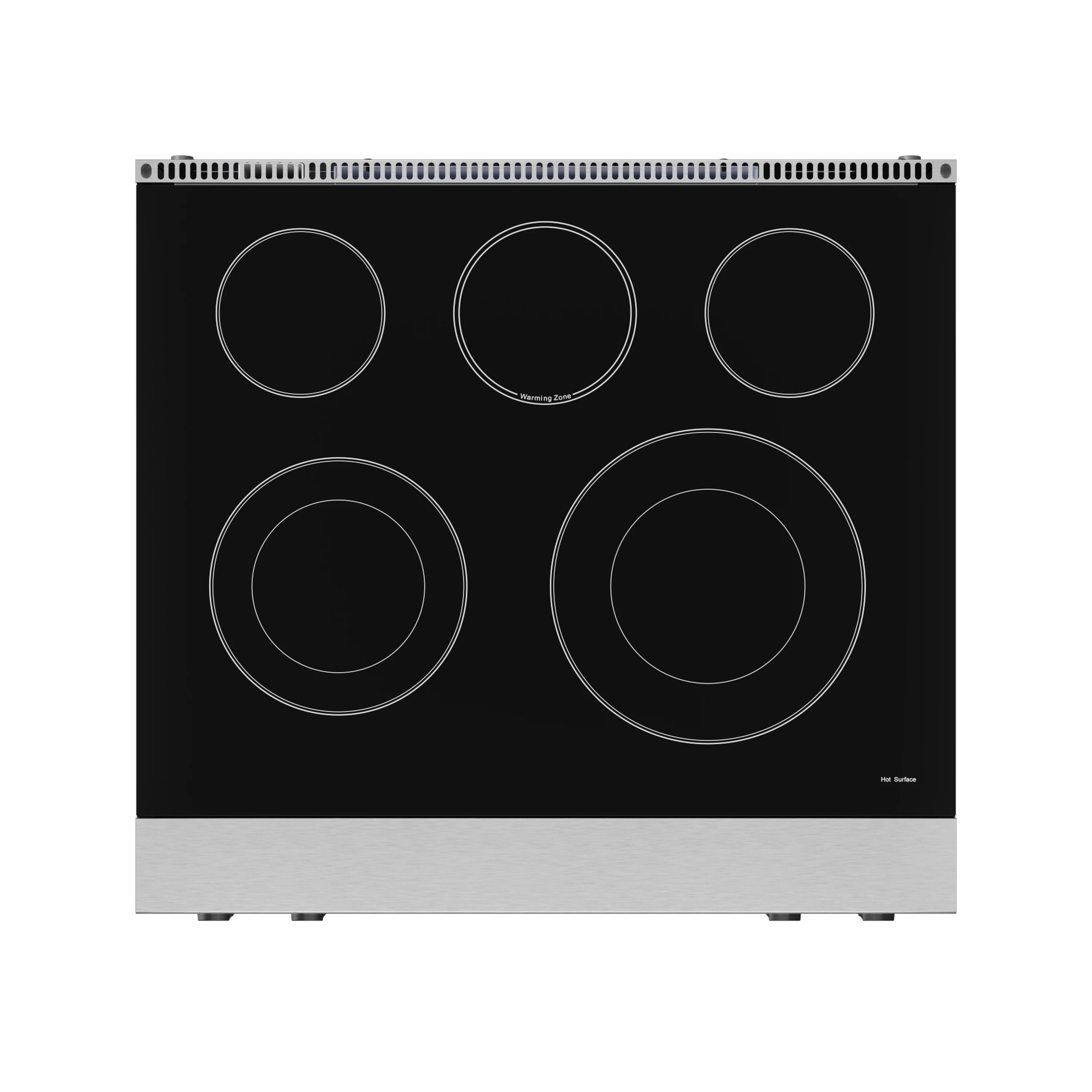 Black electric cooktop with five circular burner rings and stainless base trim
