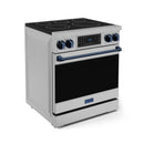 Gordon Ramsay by Thor Kitchen 4-Piece Appliance Package -  30-Inch Electric Range,  Wall Mount Range Hood, 36-Inch French Door Refrigerator, and Dishwasher in Stainless Steel with Blue Trim