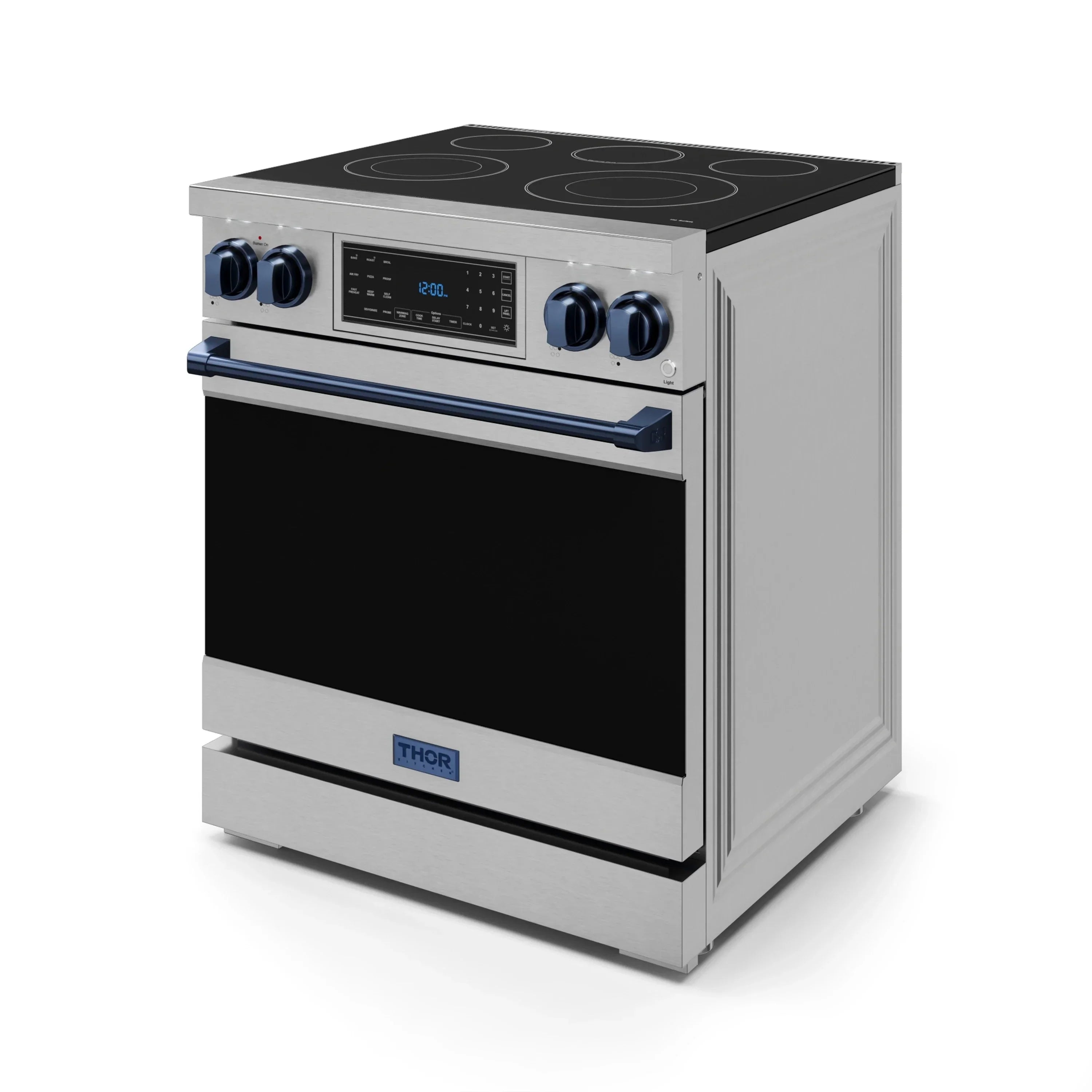 Stainless electric range with black cooktop and blue control panel accents