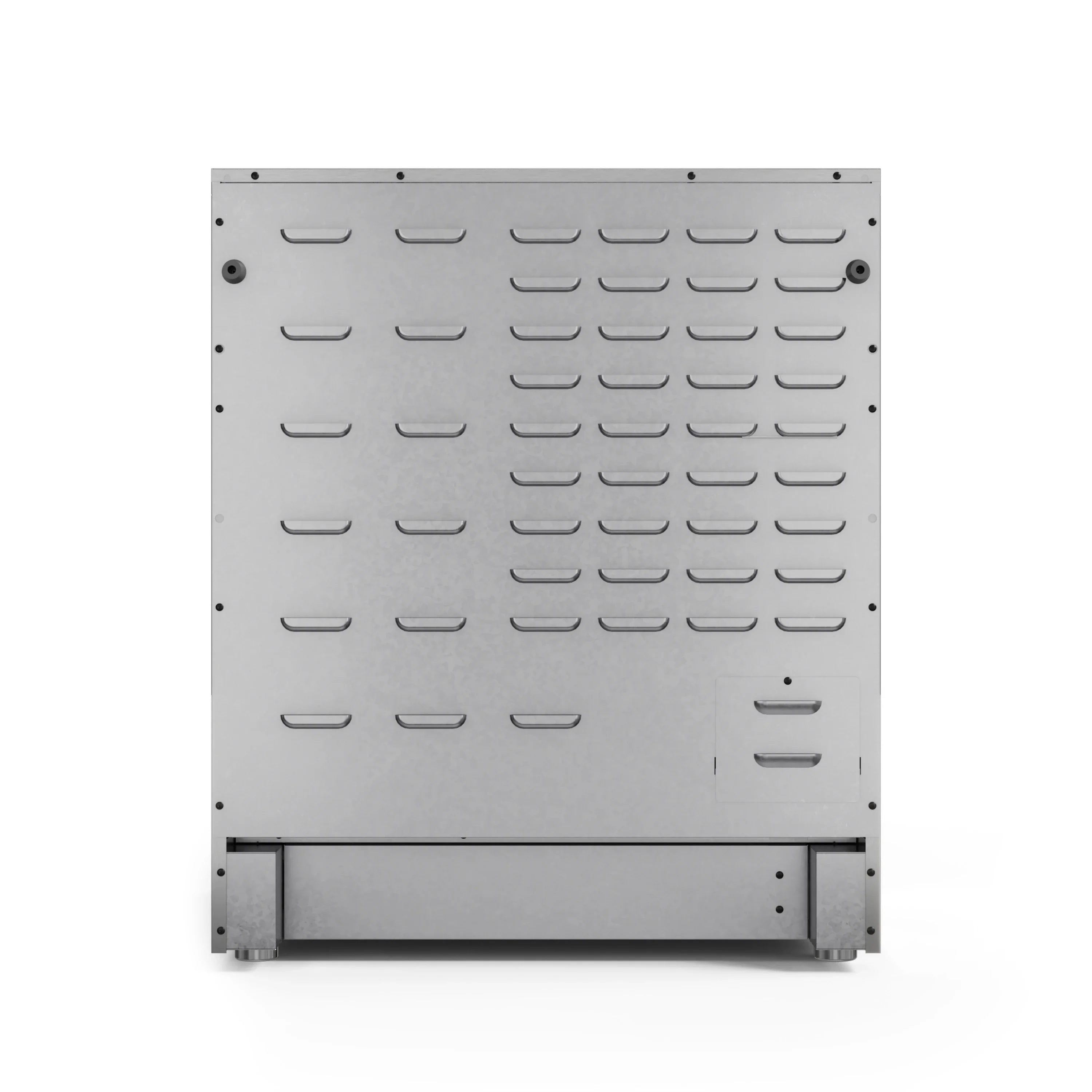Dishwasher door panel with multiple rack tine rows and stainless finish