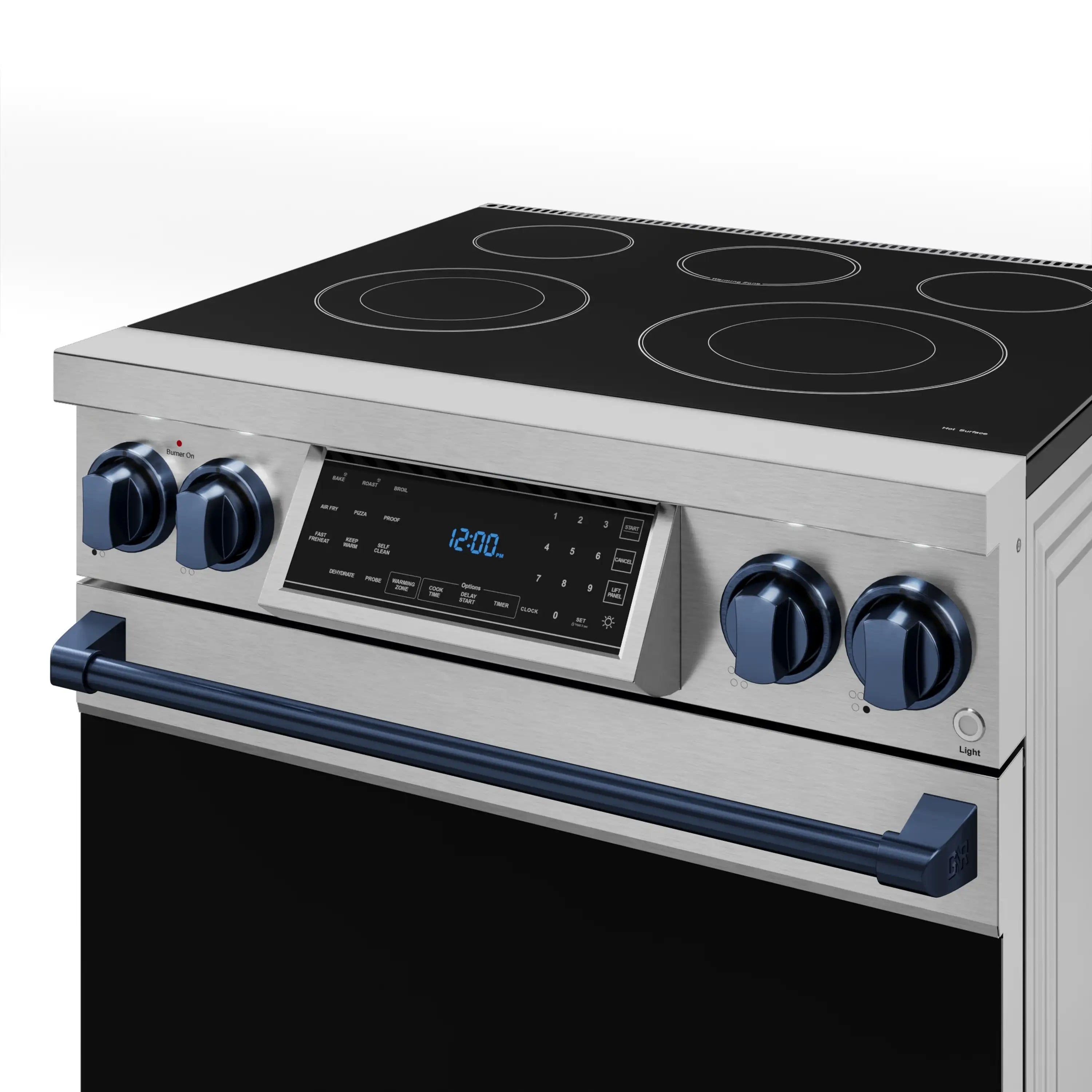 Stainless electric range with black cooktop, navy-blue trim strip, and digital display