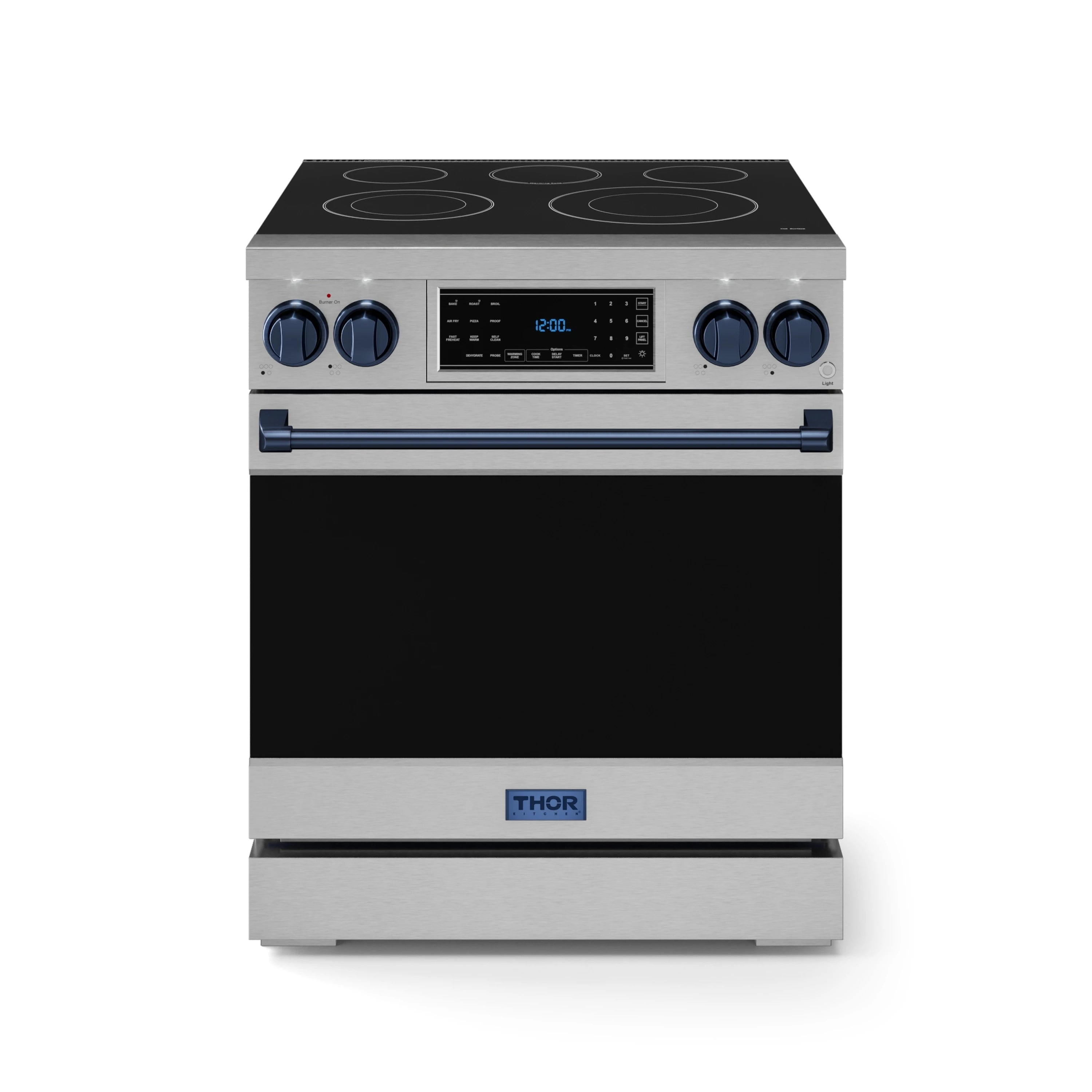 Stainless electric range with black cooktop, navy trim stripe, and digital control panel