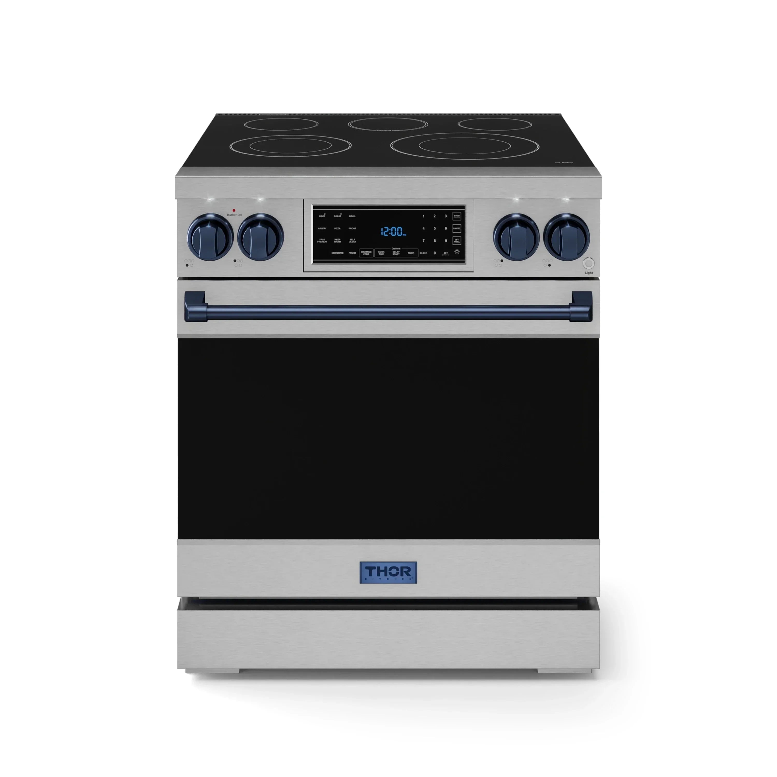 Stainless electric range with black cooktop, blue knobs, and digital display