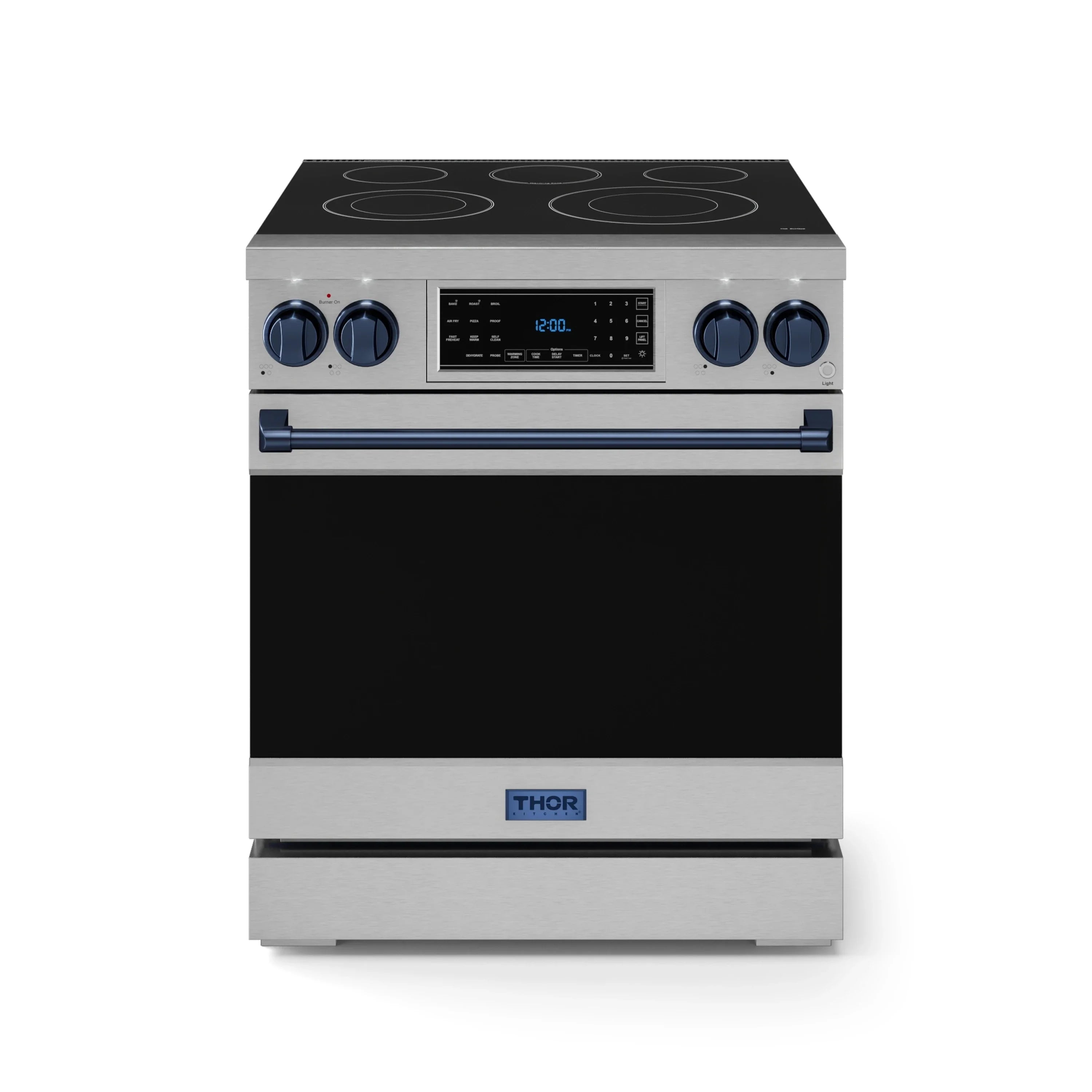 Stainless electric range with black glass cooktop and blue trim, front view