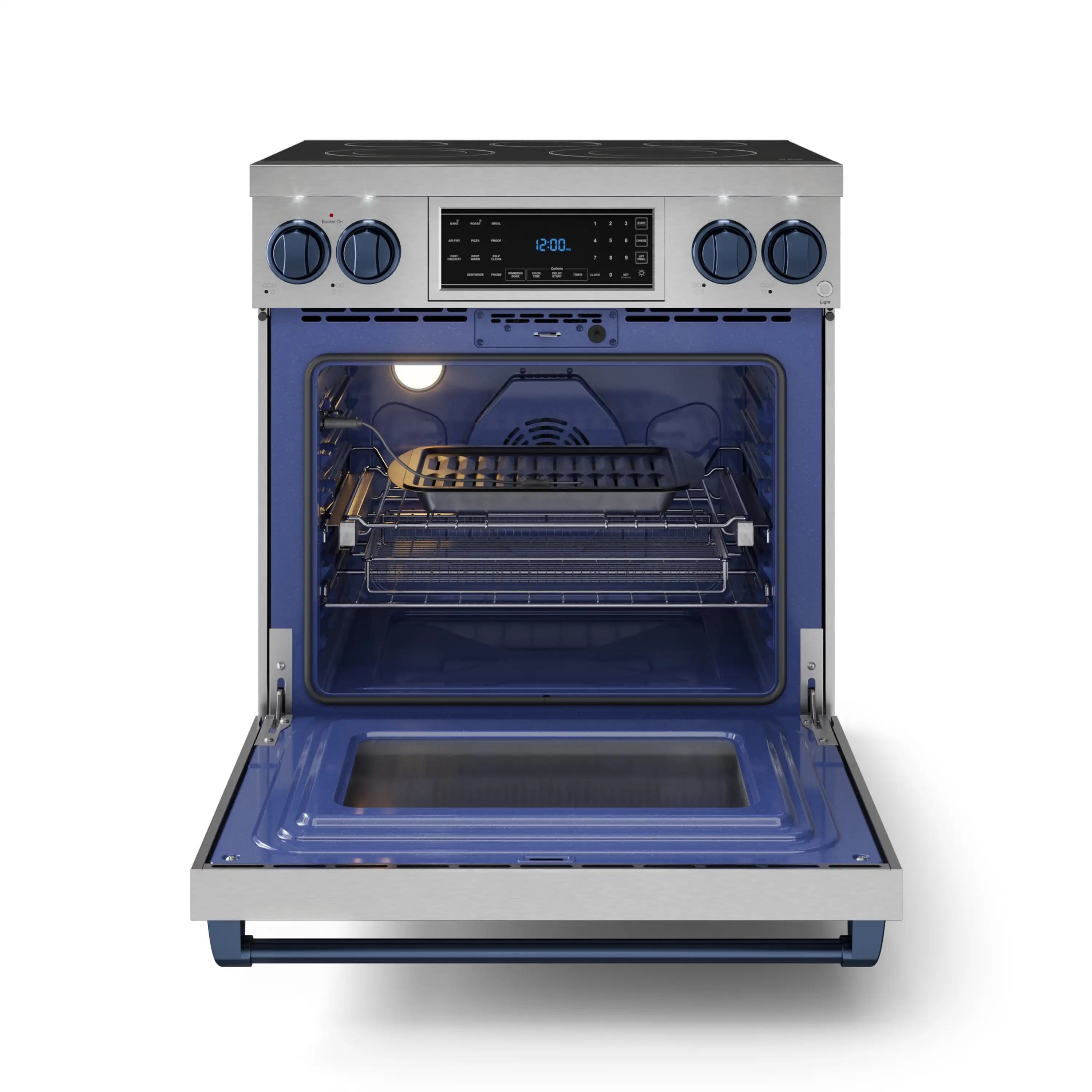 Stainless electric range with oven door open, blue interior cavity and rack rails