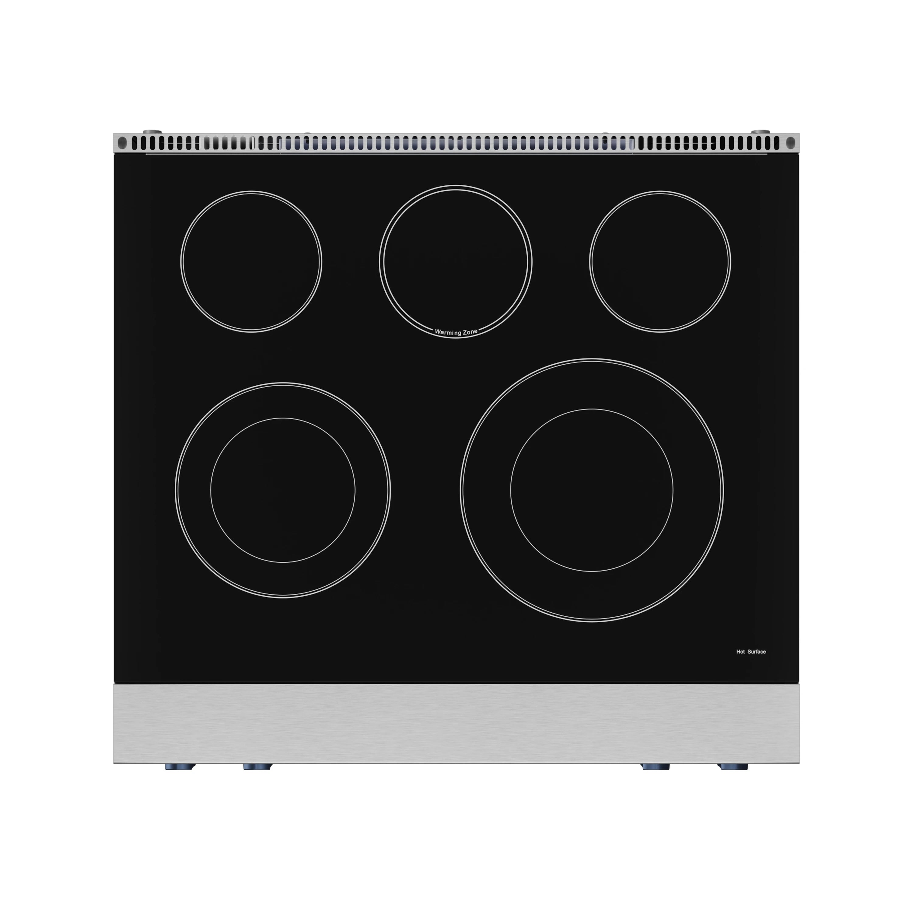 Stainless electric range with black glass cooktop and navy control panel trim