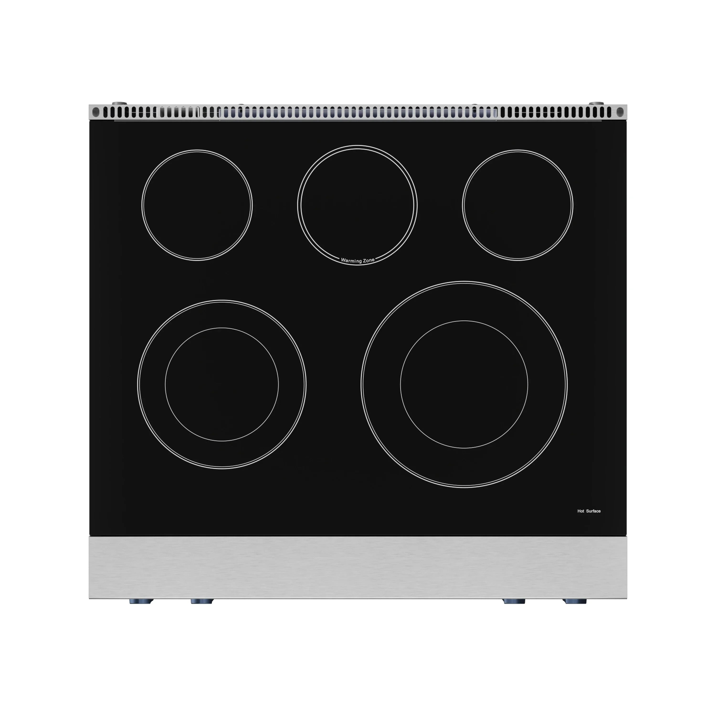 Black glass electric cooktop with five burner circles and stainless trim