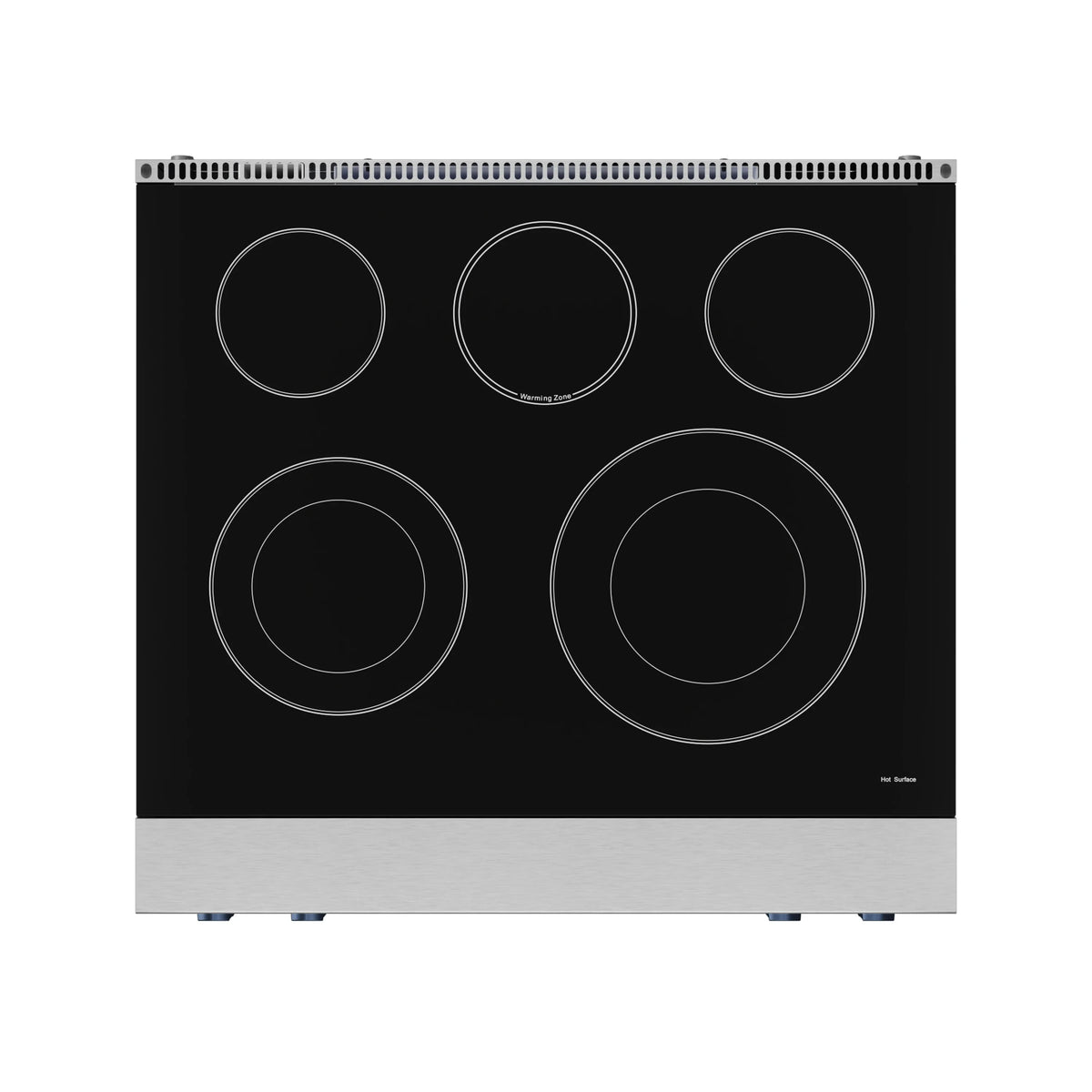Black glass cooktop with five circular burner elements and stainless rear trim