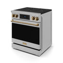 Gordon Ramsay by Thor Kitchen 4-Piece Appliance Package -  30-Inch Electric Range,  Wall Mount Range Hood, 36-Inch French Door Refrigerator, and Dishwasher in Stainless Steel with Bronze Trim