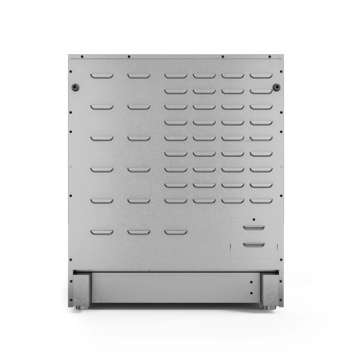 Stainless oven door panel with many vented openings and heating element ports