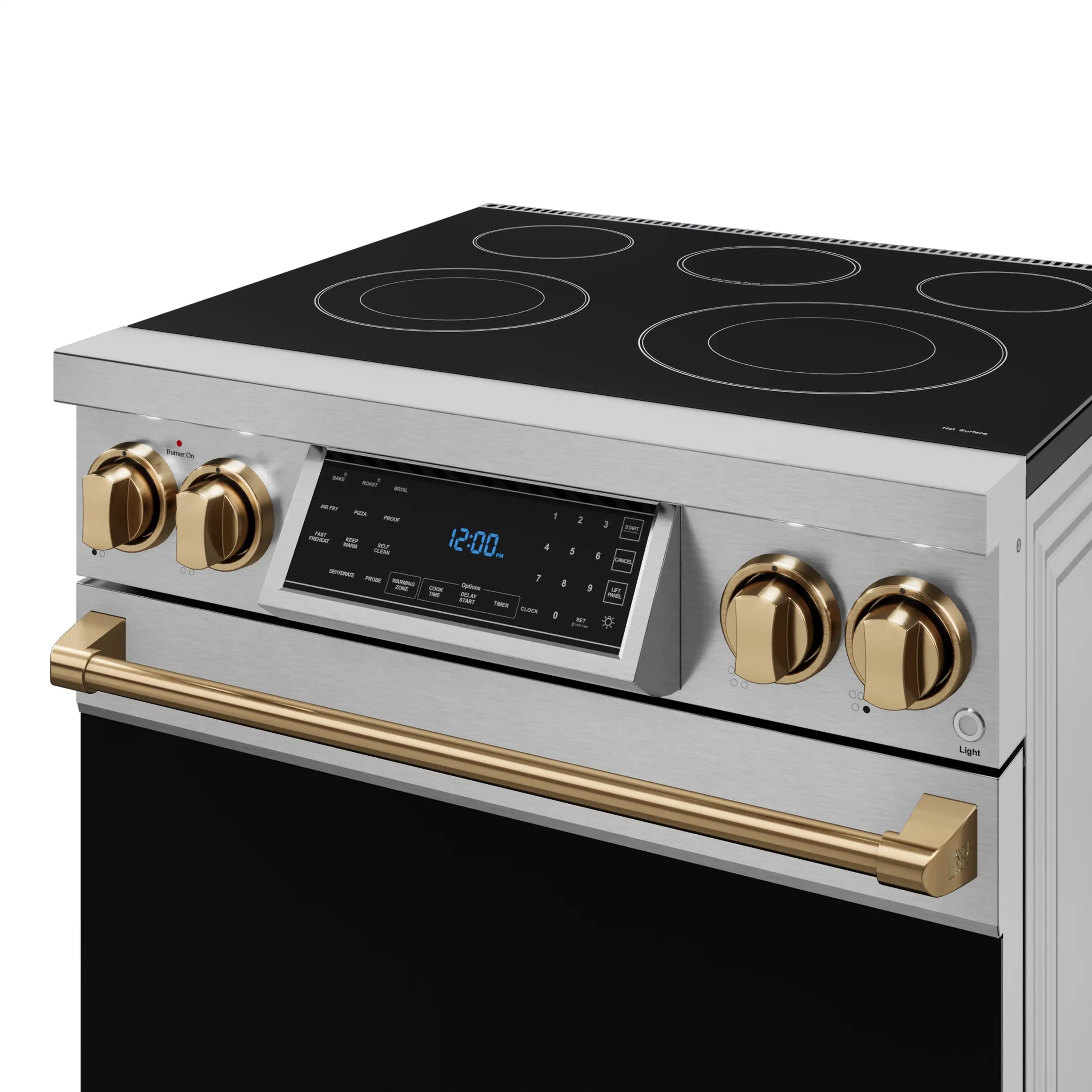 Stainless electric range front with black glass cooktop, bronze knobs, and digital display