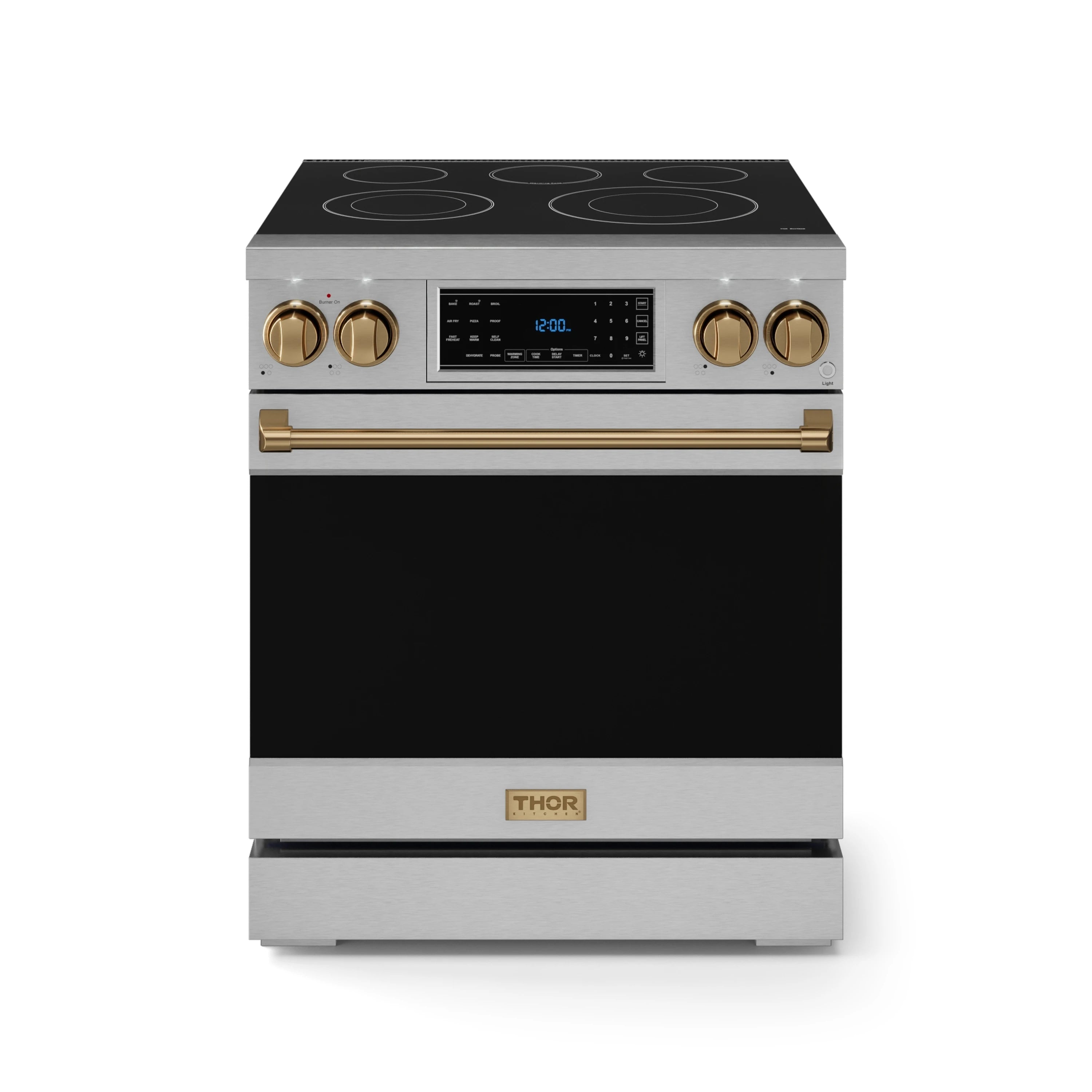 Stainless electric range with black glass cooktop, bronze knobs, and closed oven door