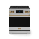 Gordon Ramsay by Thor Kitchen 4-Piece Appliance Package -  30-Inch Electric Range,  Wall Mount Range Hood, 36-Inch French Door Refrigerator, and Dishwasher in Stainless Steel with Bronze Trim