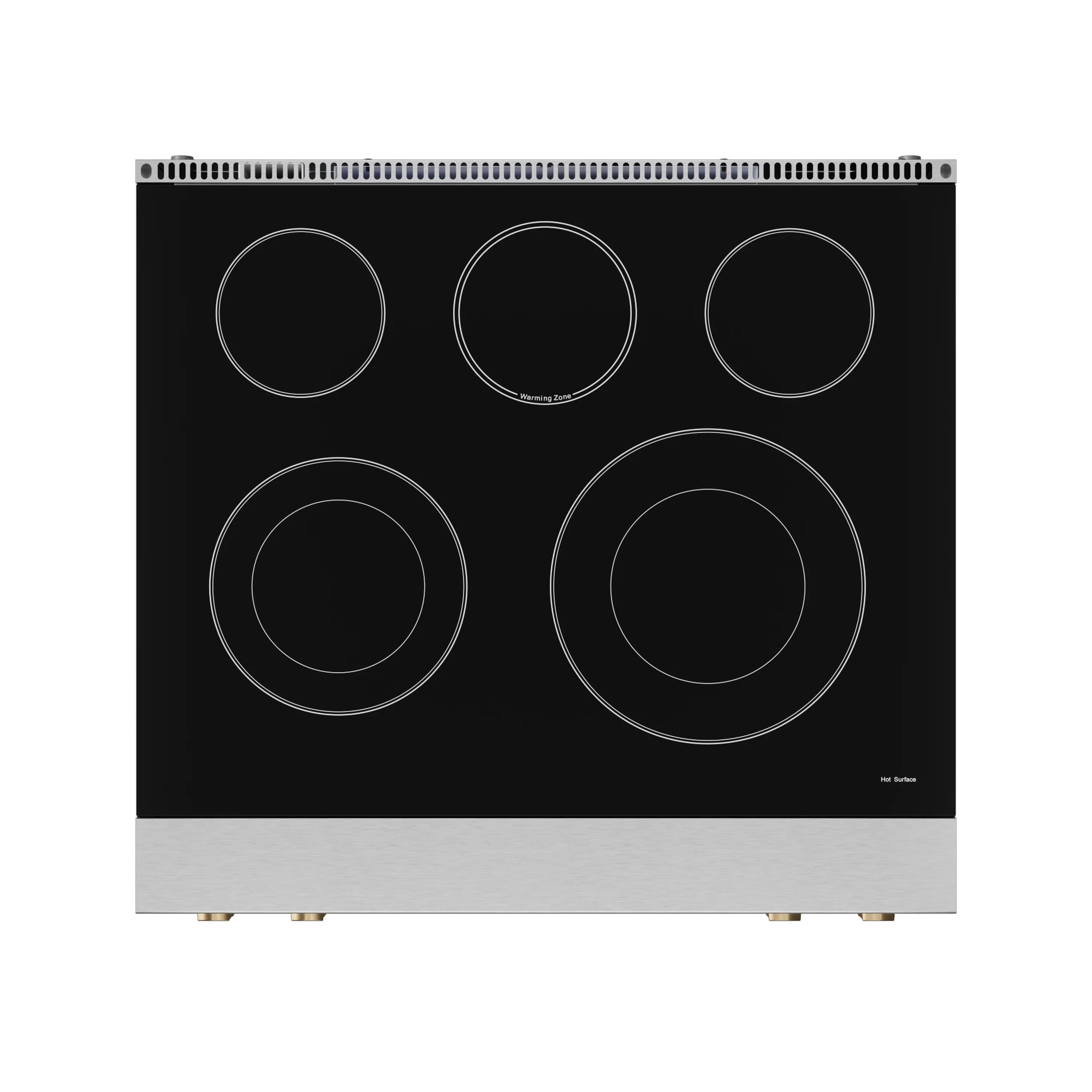 Stainless electric cooktop with five circular burner outlines on black glass