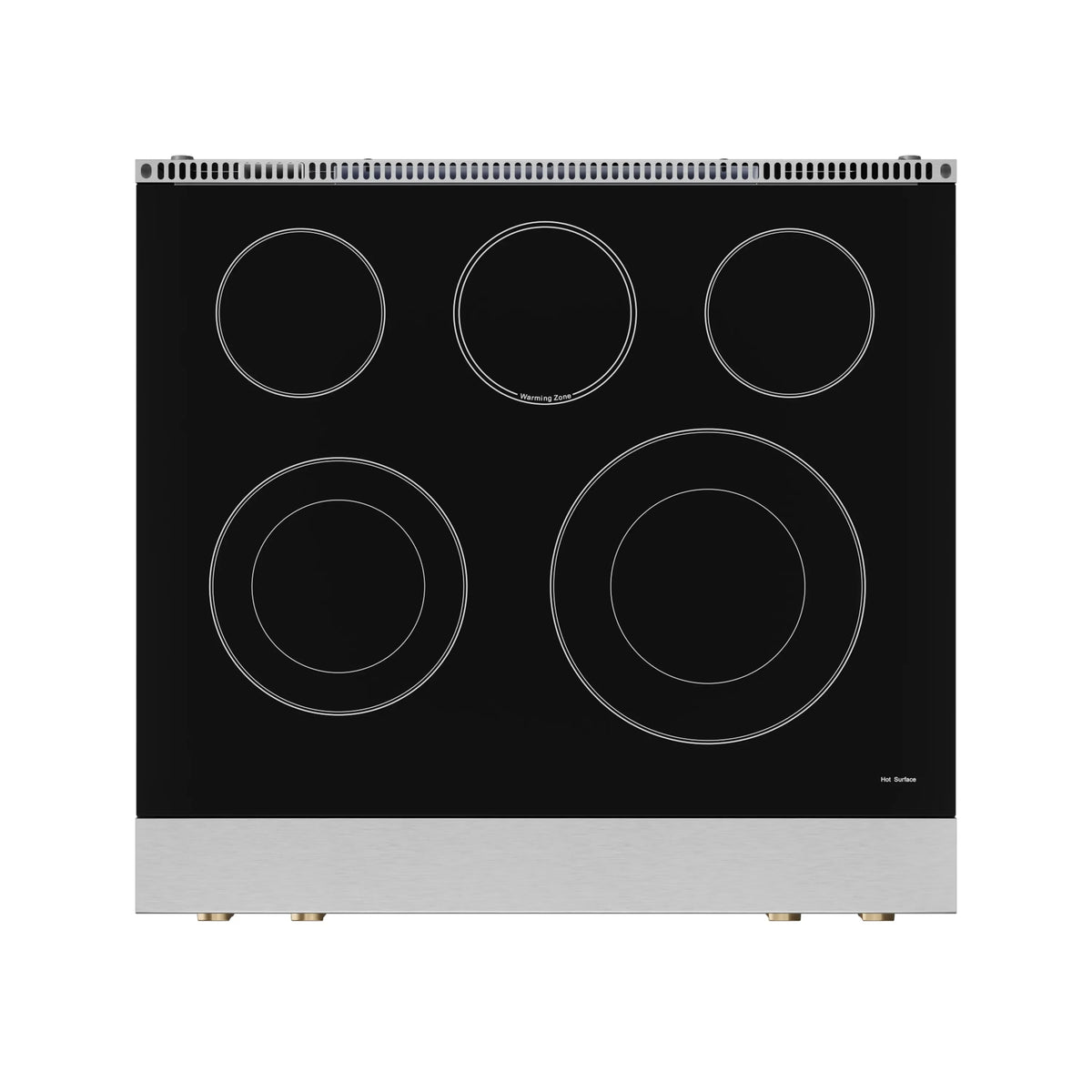 Top view of stainless electric cooktop with five circular burner zones on black glass