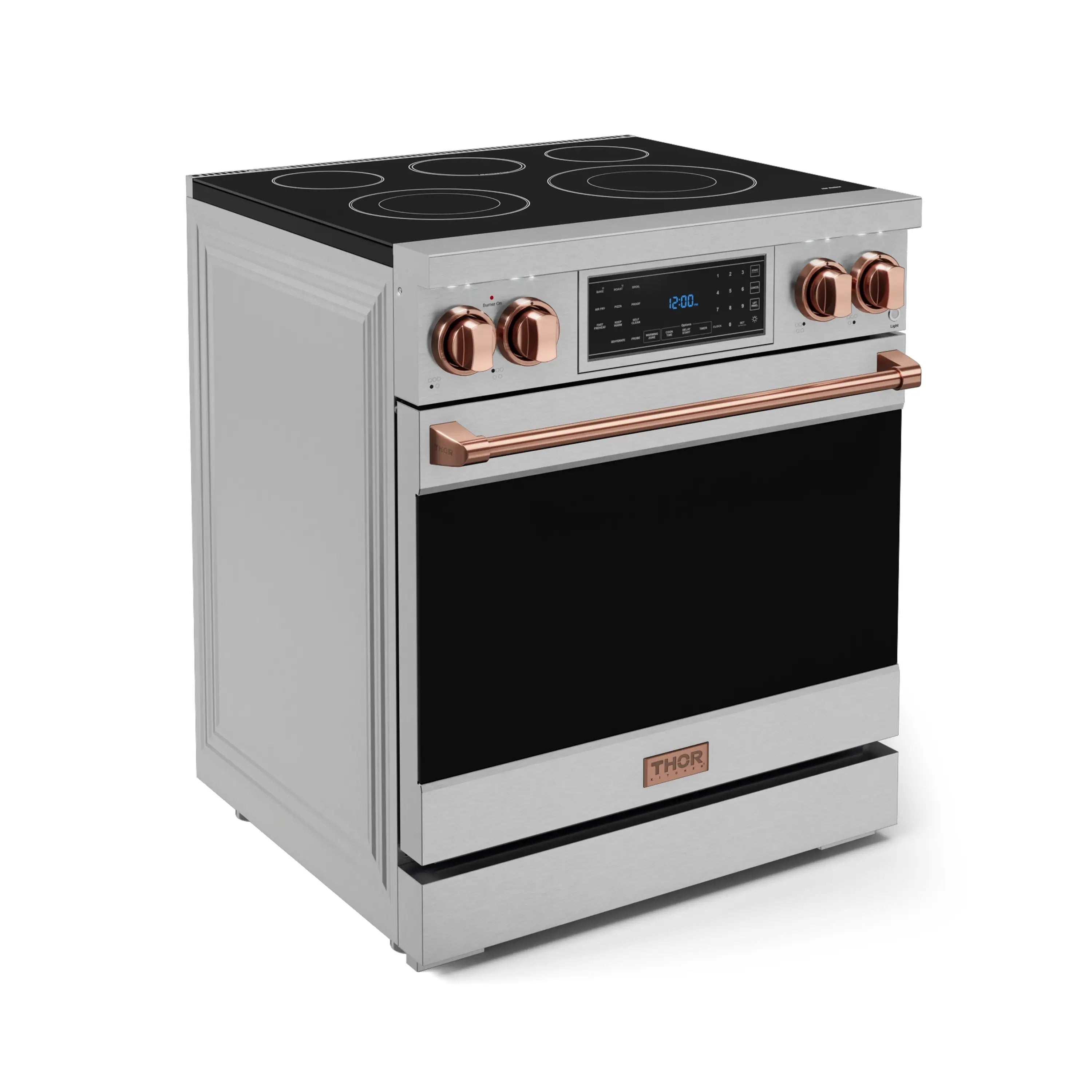 Stainless electric oven range with black cooktop, rose-gold trim handle, and knob controls