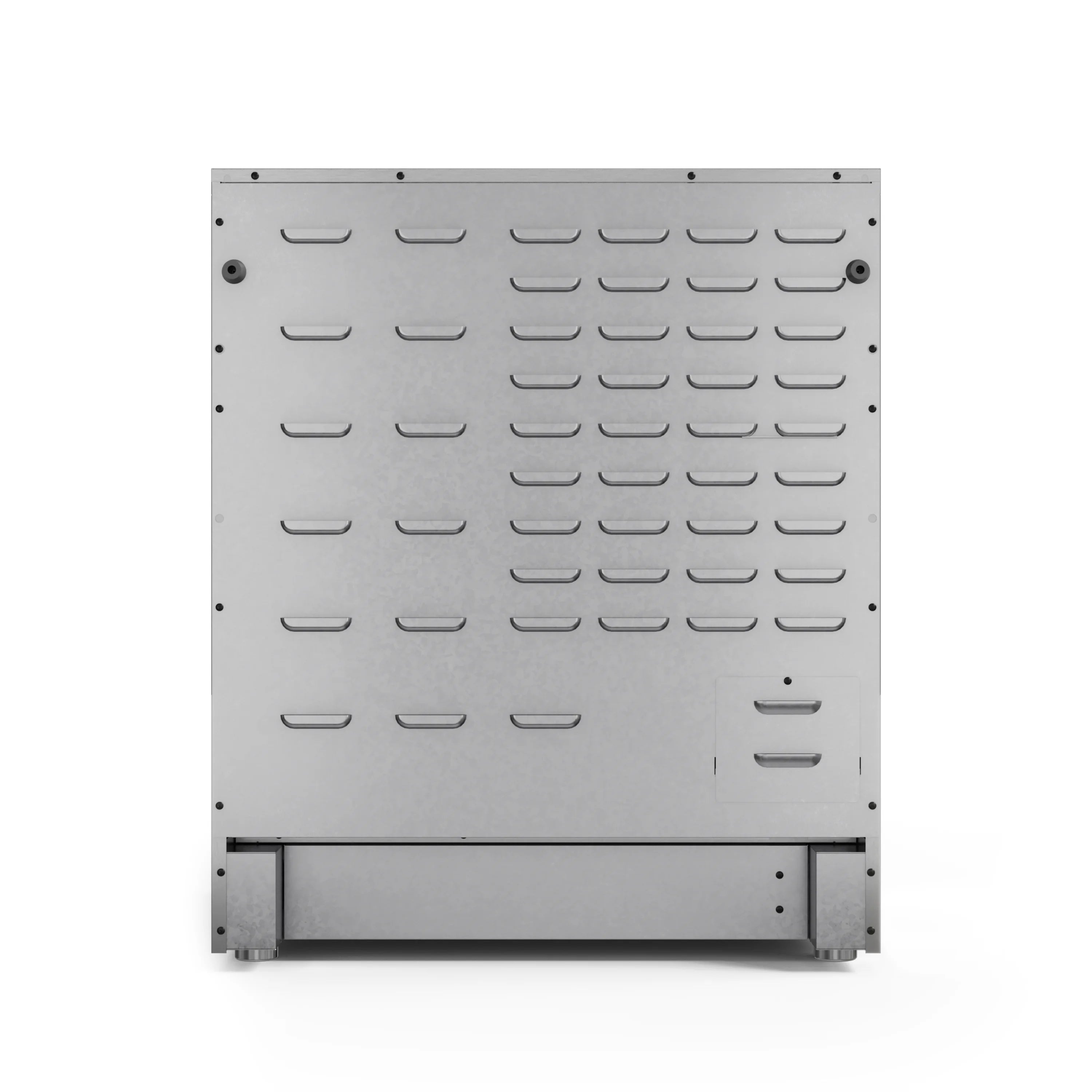Stainless underside panel with vented slots and horizontal support bar