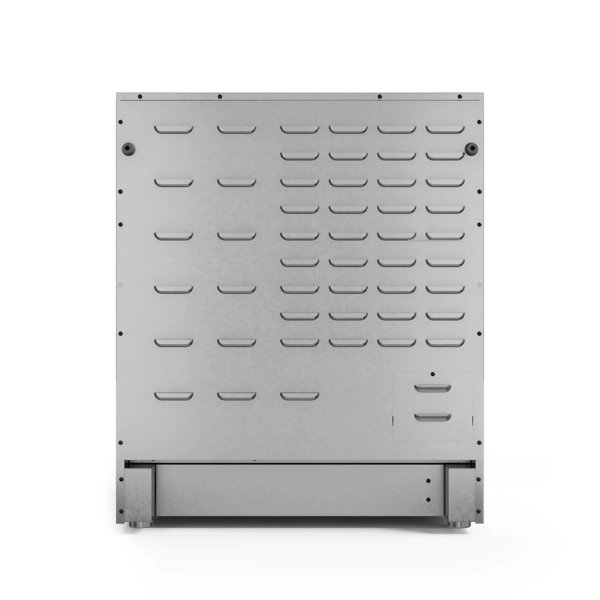 Stainless underside panel with vented slots and horizontal support bar
