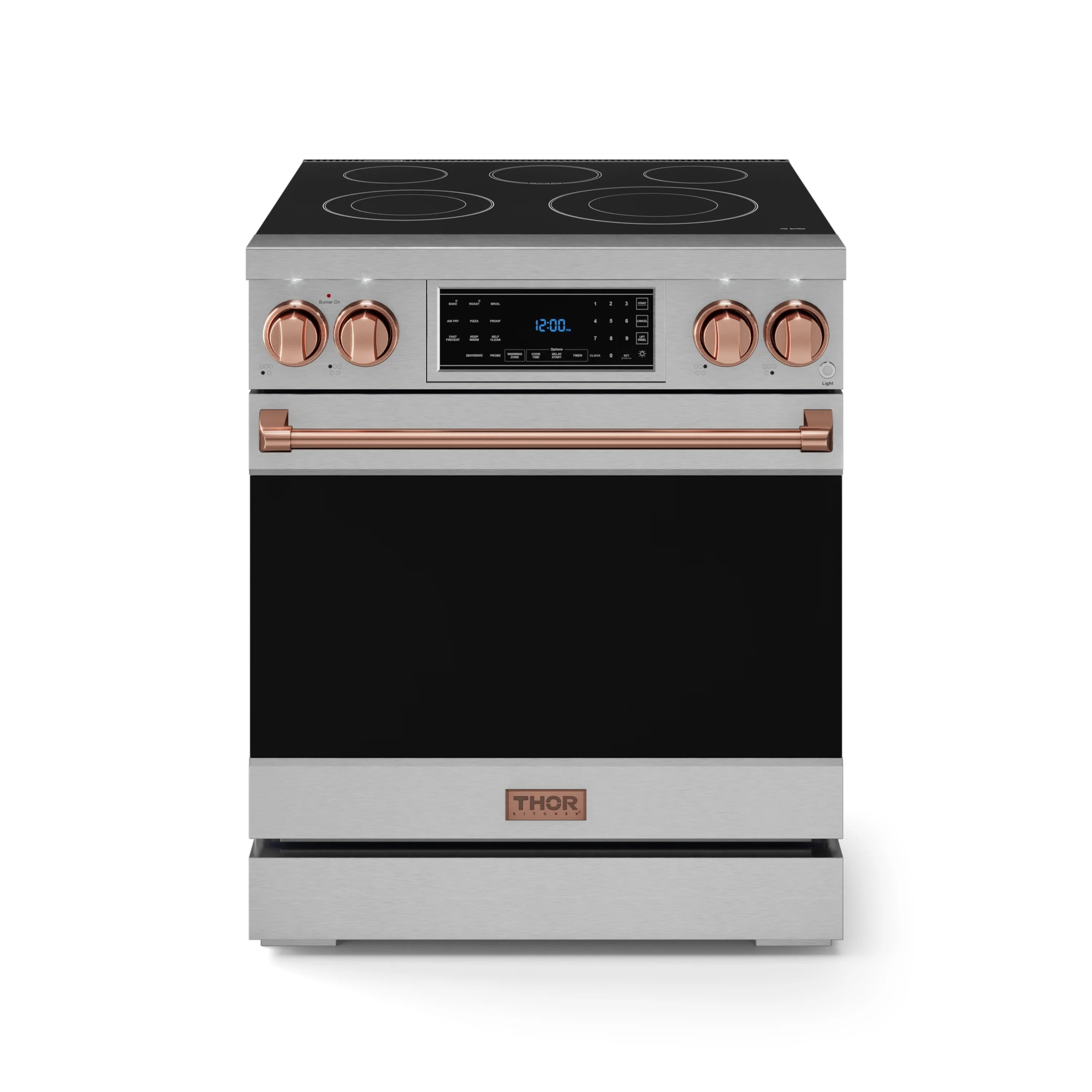 Stainless electric range with black cooktop, digital touch panel, and rose-gold front knobs