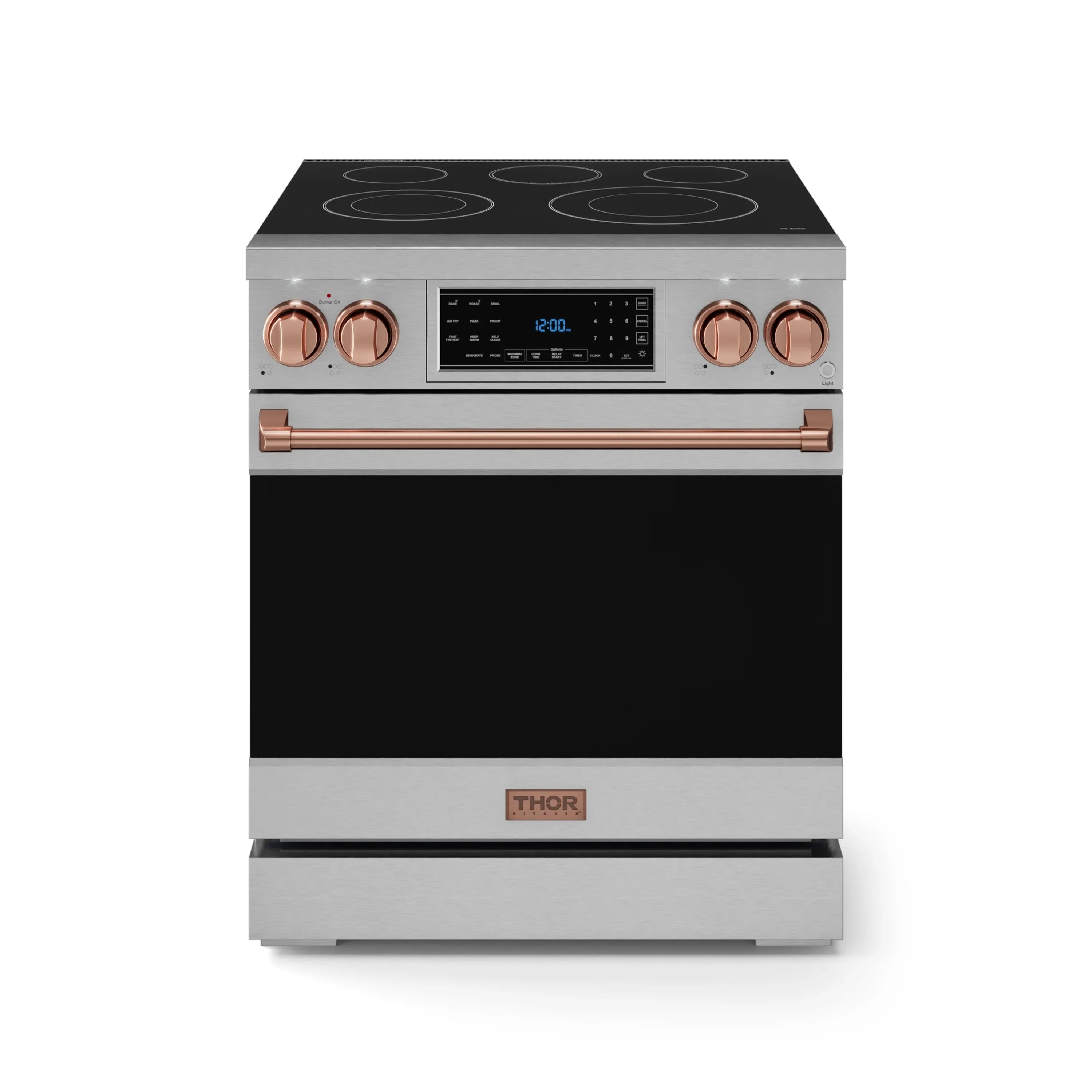 Stainless steel electric range with black glass cooktop, rose-gold knobs, and oven door