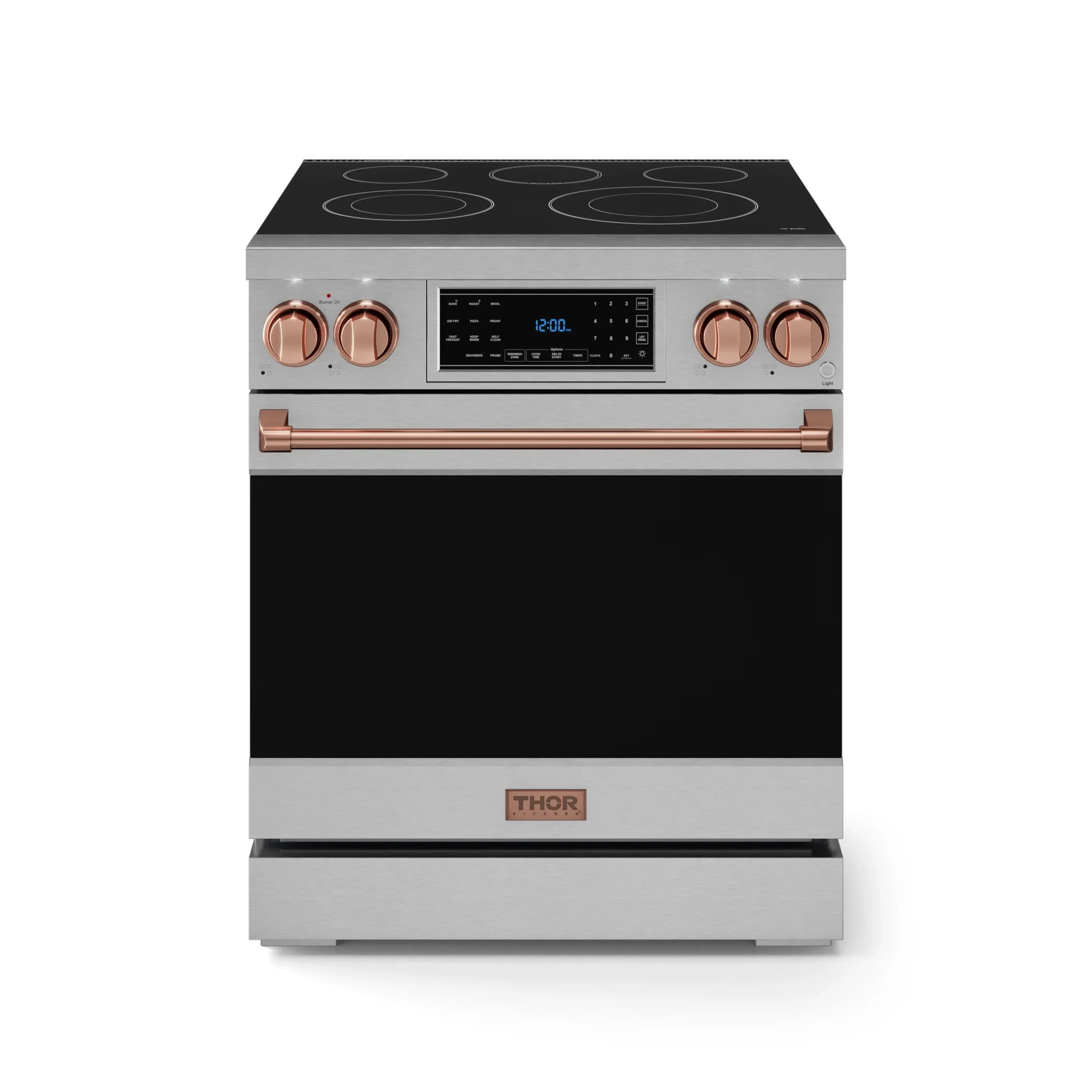 Stainless electric range with black cooktop, copper control knobs, and oven door