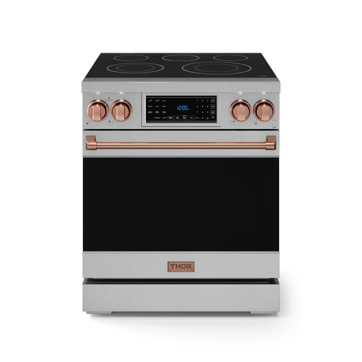 Stainless electric range with black cooktop, digital touch panel, and rose-gold front knobs