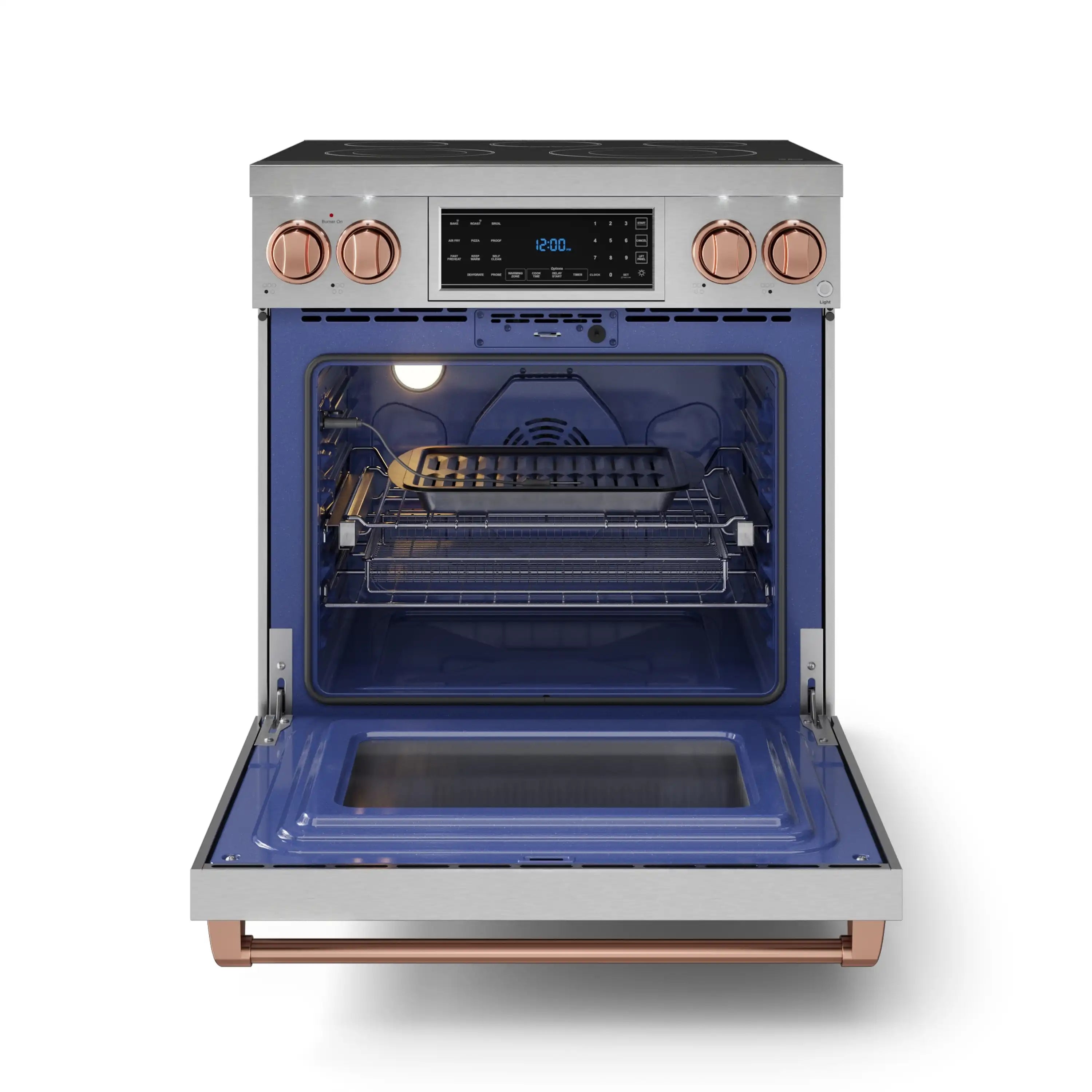 Stainless electric oven door open to reveal interior racks and heating cavity