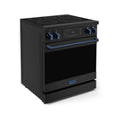 Black 30-inch electric range with glass cooktop, blue control accents, and door