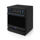 Black electric range with blue control knobs, display panel, and blue handle trim
