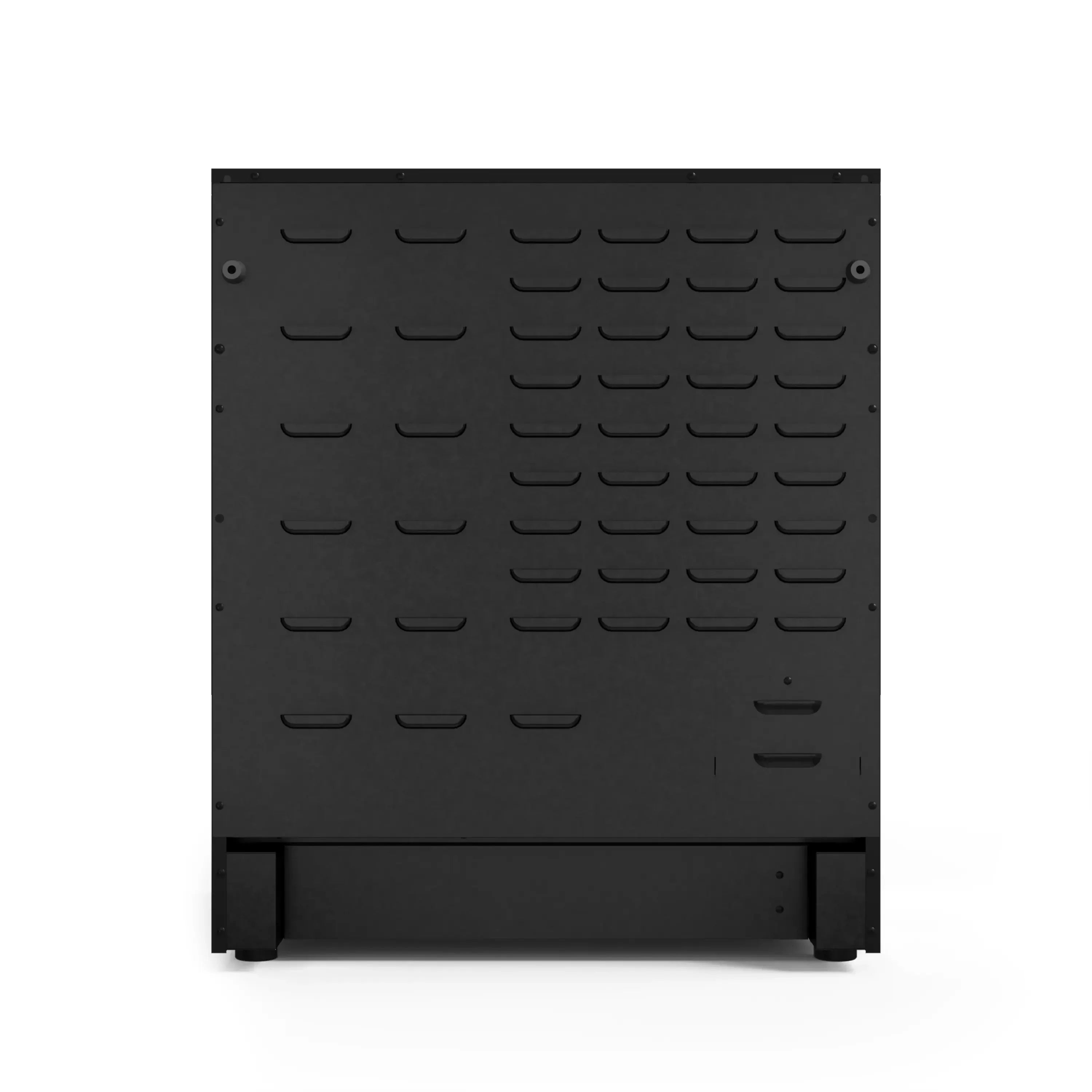 Black appliance rear vent panel with evenly spaced slotted openings