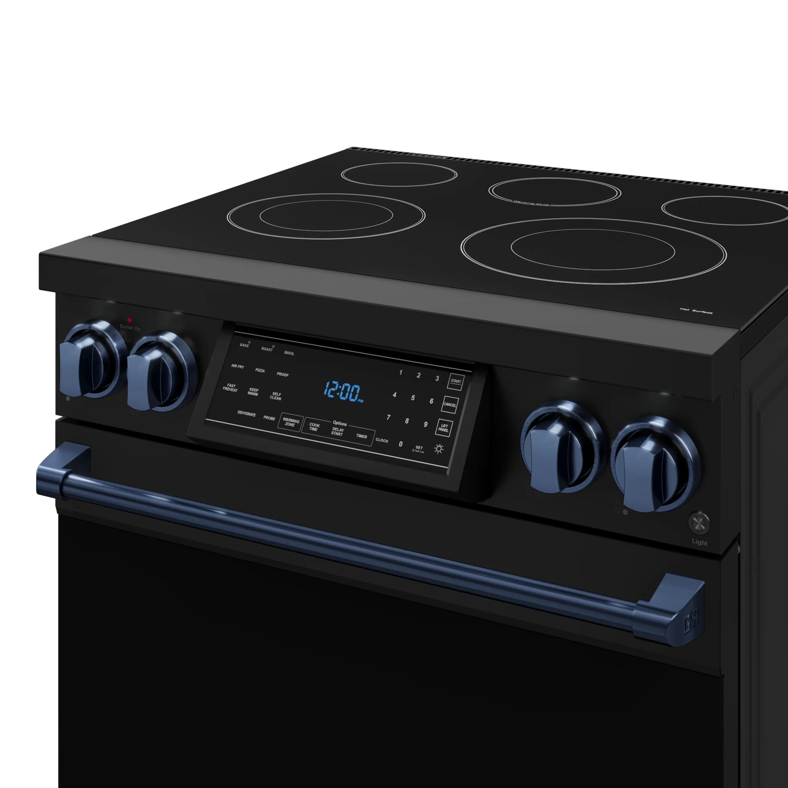 Black electric range control panel with blue display, cooktop rings, and knobs