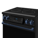 Black electric oven range front with blue trim handle and digital display