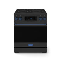 Black electric range with five-burner cooktop, blue knobs, and control panel