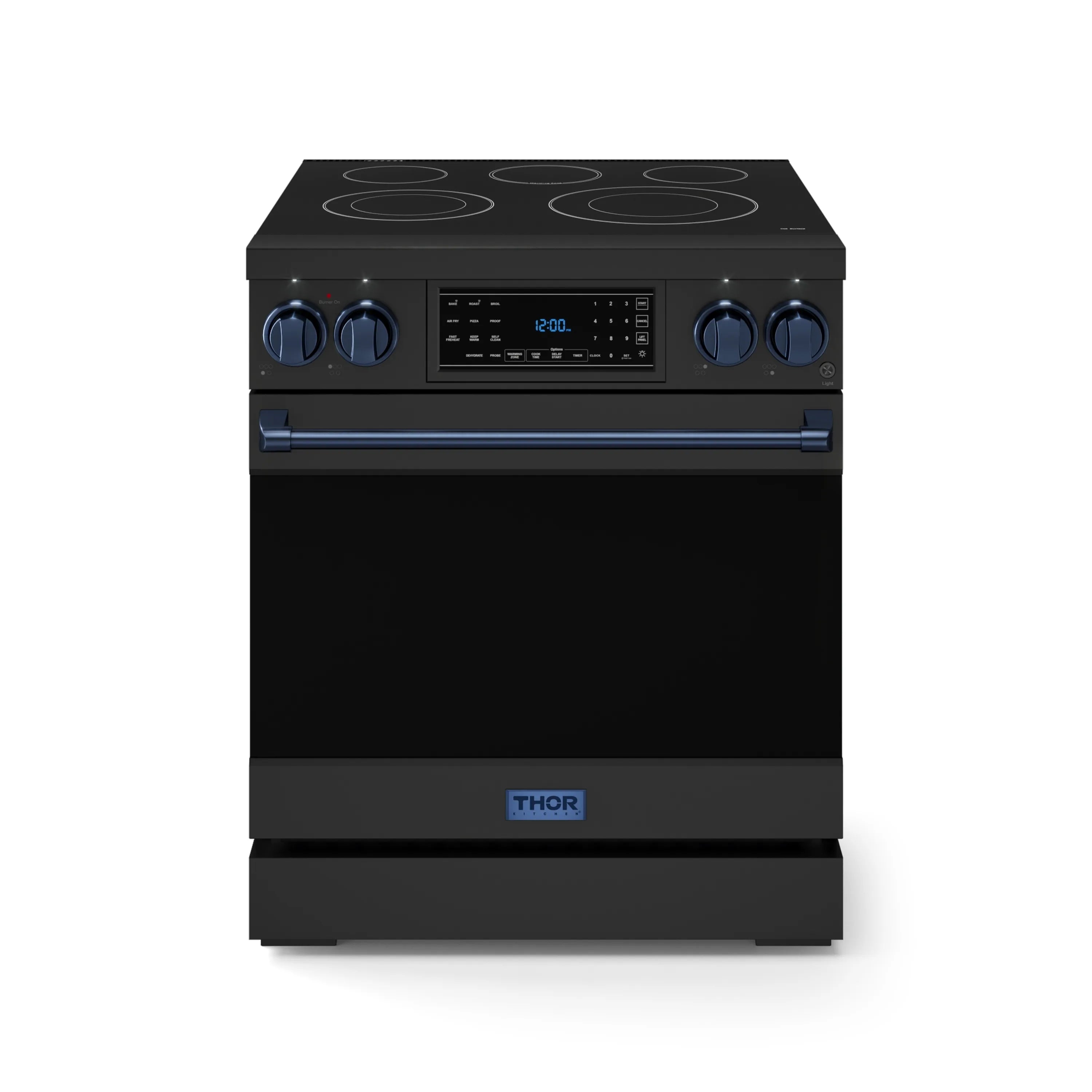 Black electric range with five-burner cooktop, blue knobs, and control panel