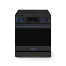 Black electric range with five-burner cooktop, blue knobs, and control panel