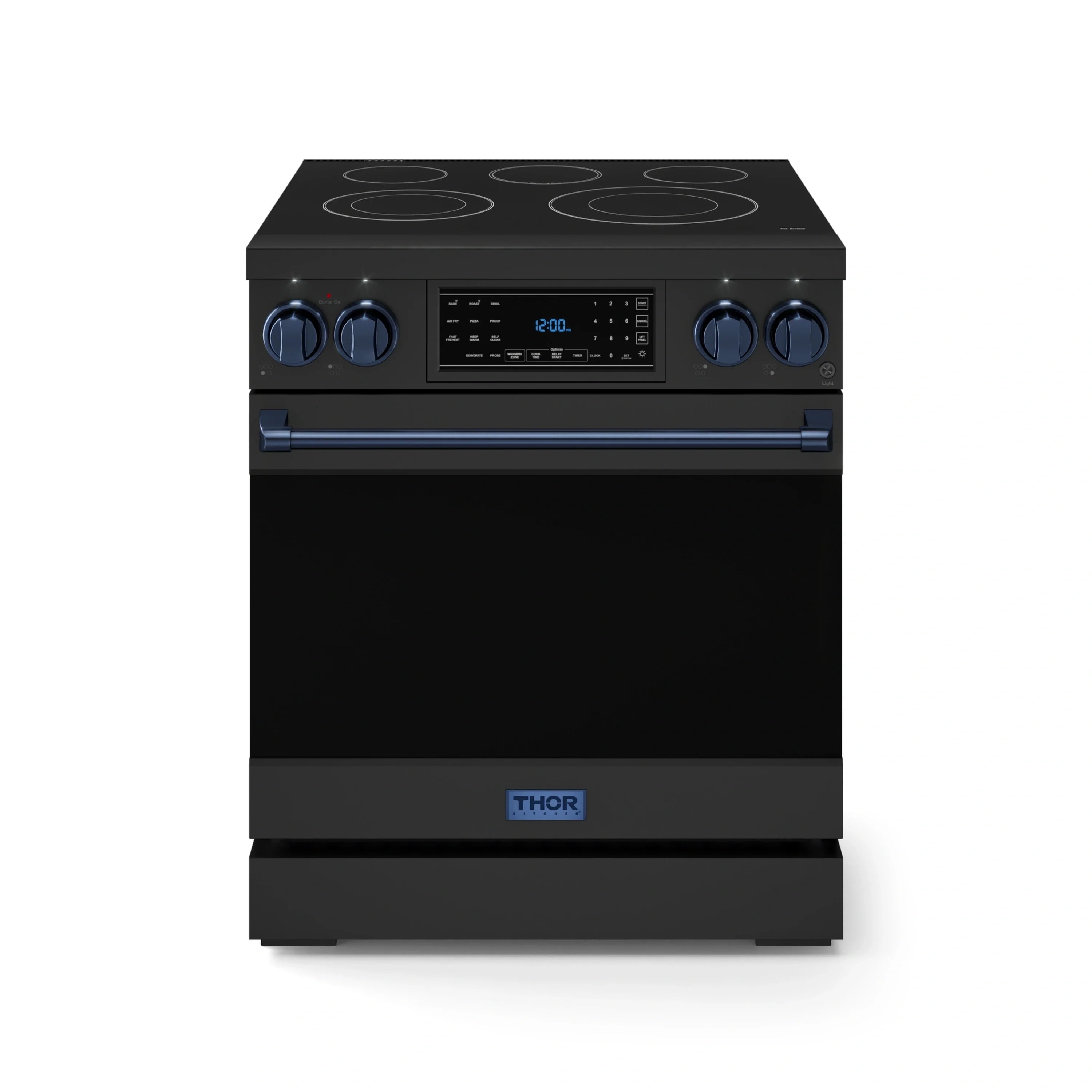 Black electric range with glass cooktop, blue knobs, and digital control panel
