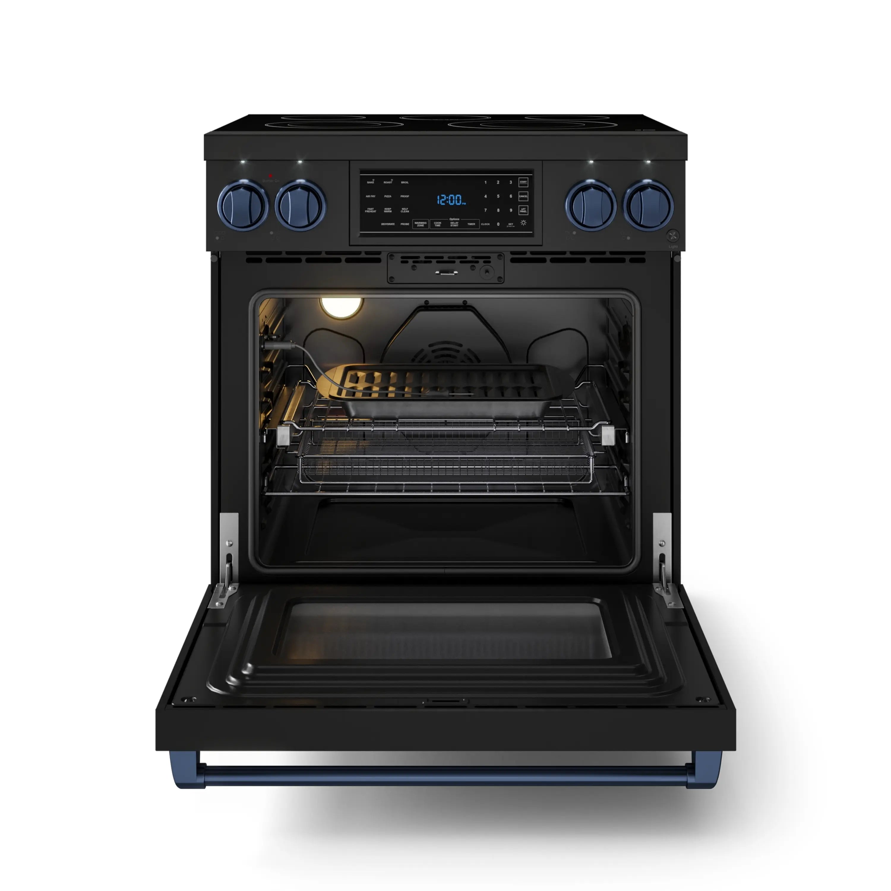 Black electric range with oven door open, showing racks and interior heating elements
