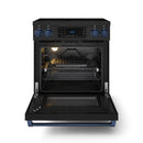 Black electric range with oven door open, wire rack inside, and interior light