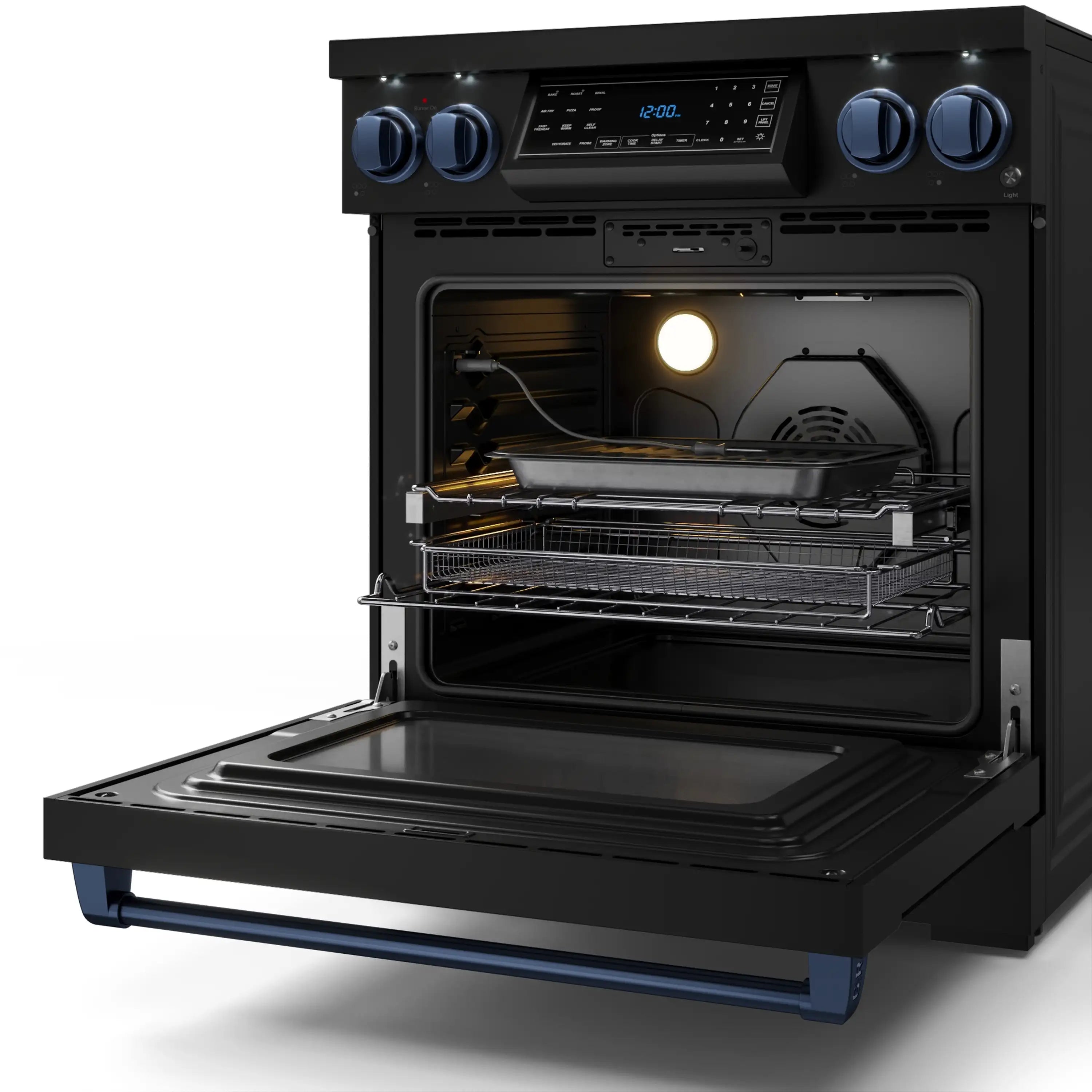 Black electric range with open oven door, visible racks and air-fry tray
