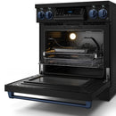 Black oven cavity with baking rack, heating elements, and open door