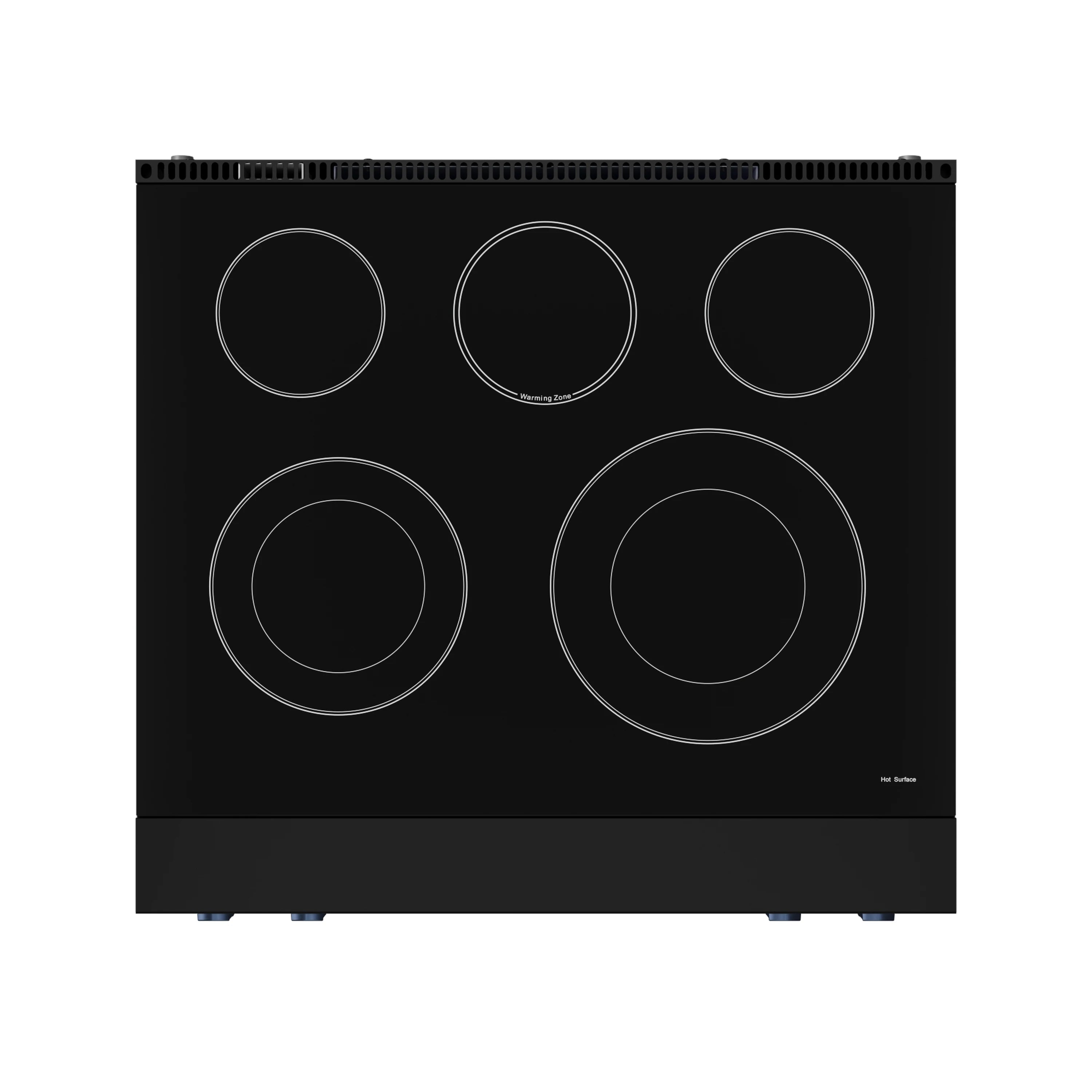 Black electric cooktop with five radiant coil rings and control label