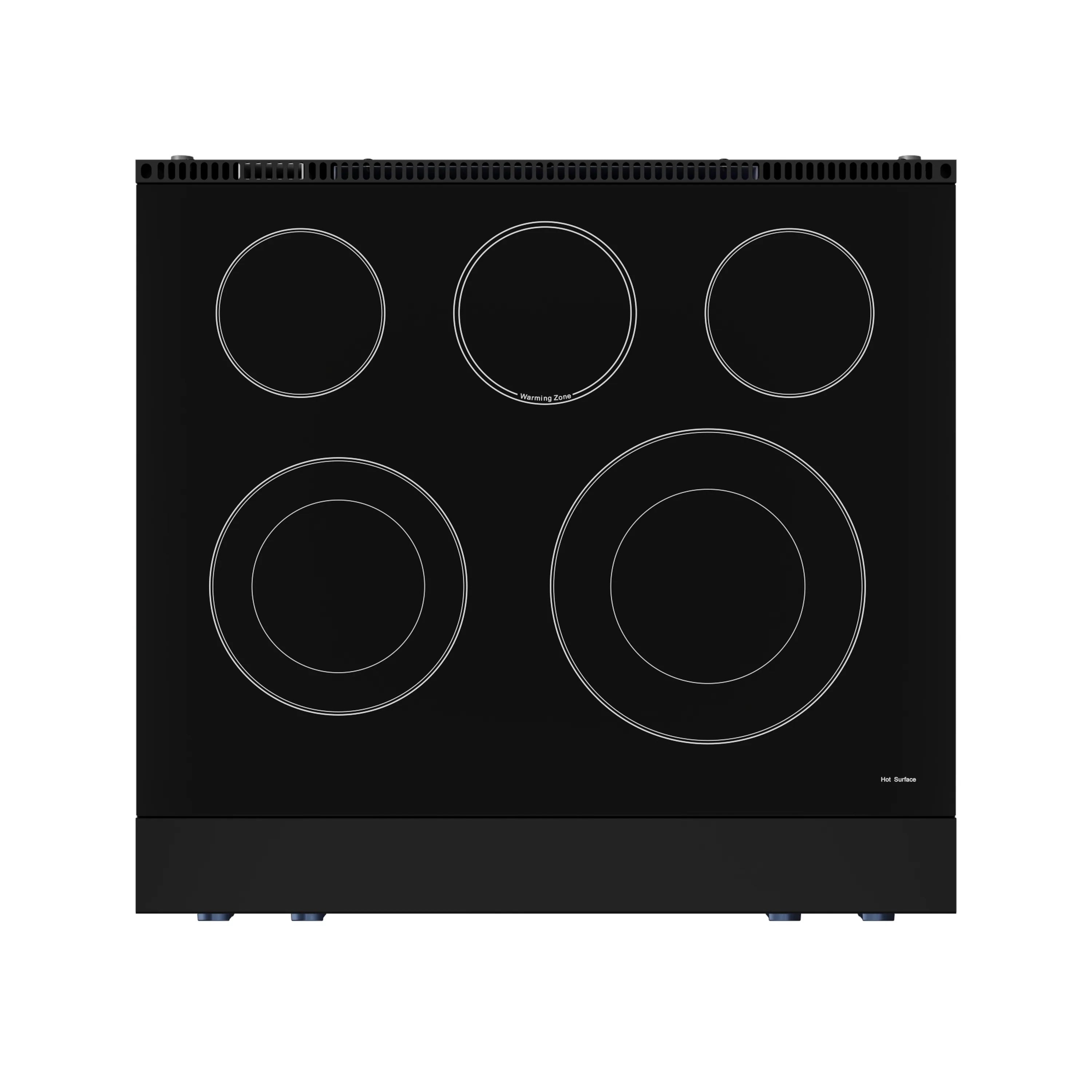 Black radiant cooktop with five circular burner outlines
