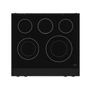 Black radiant cooktop with five circular burner outlines