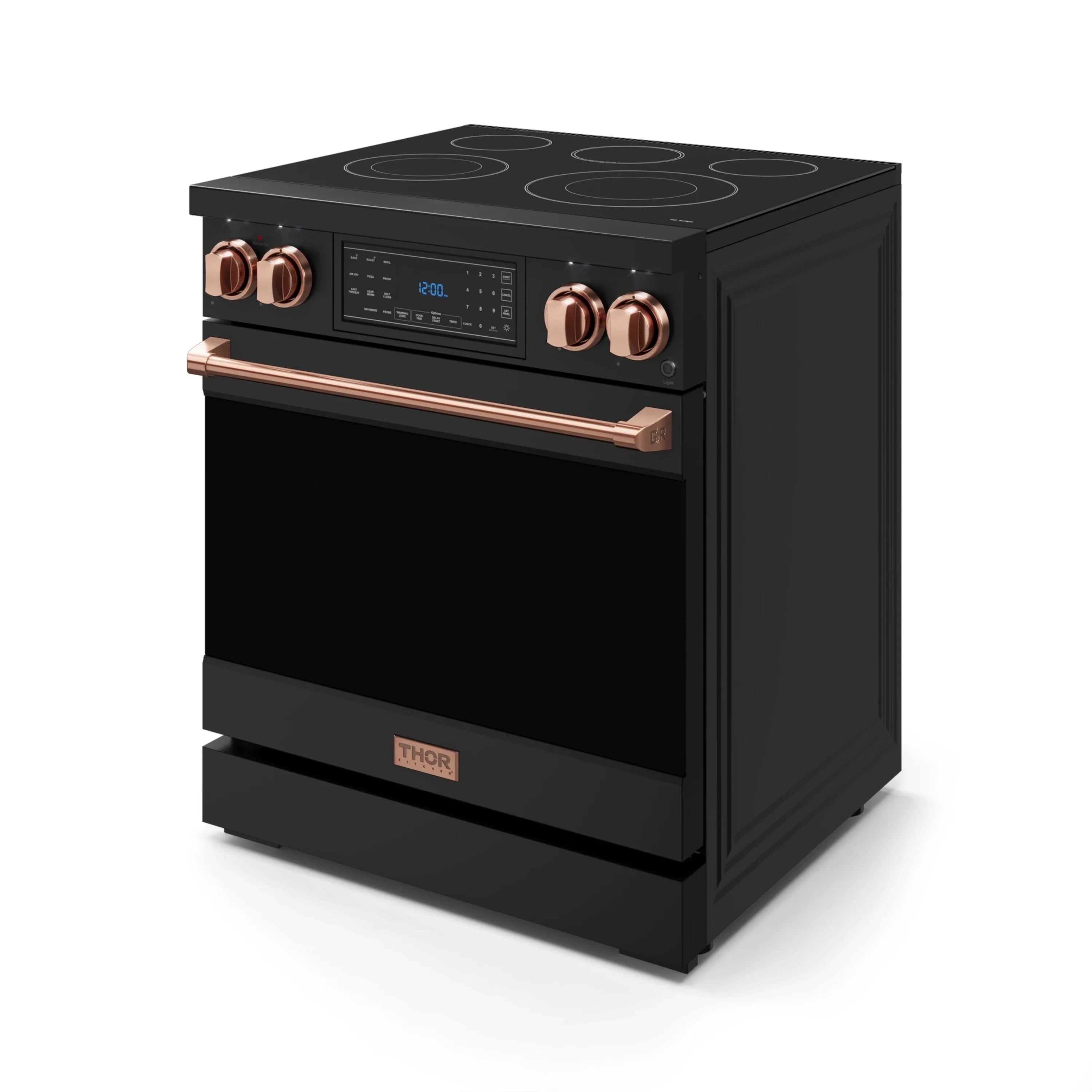 Black electric range with rose-gold knobs and copper-toned oven handle, 3/4 view