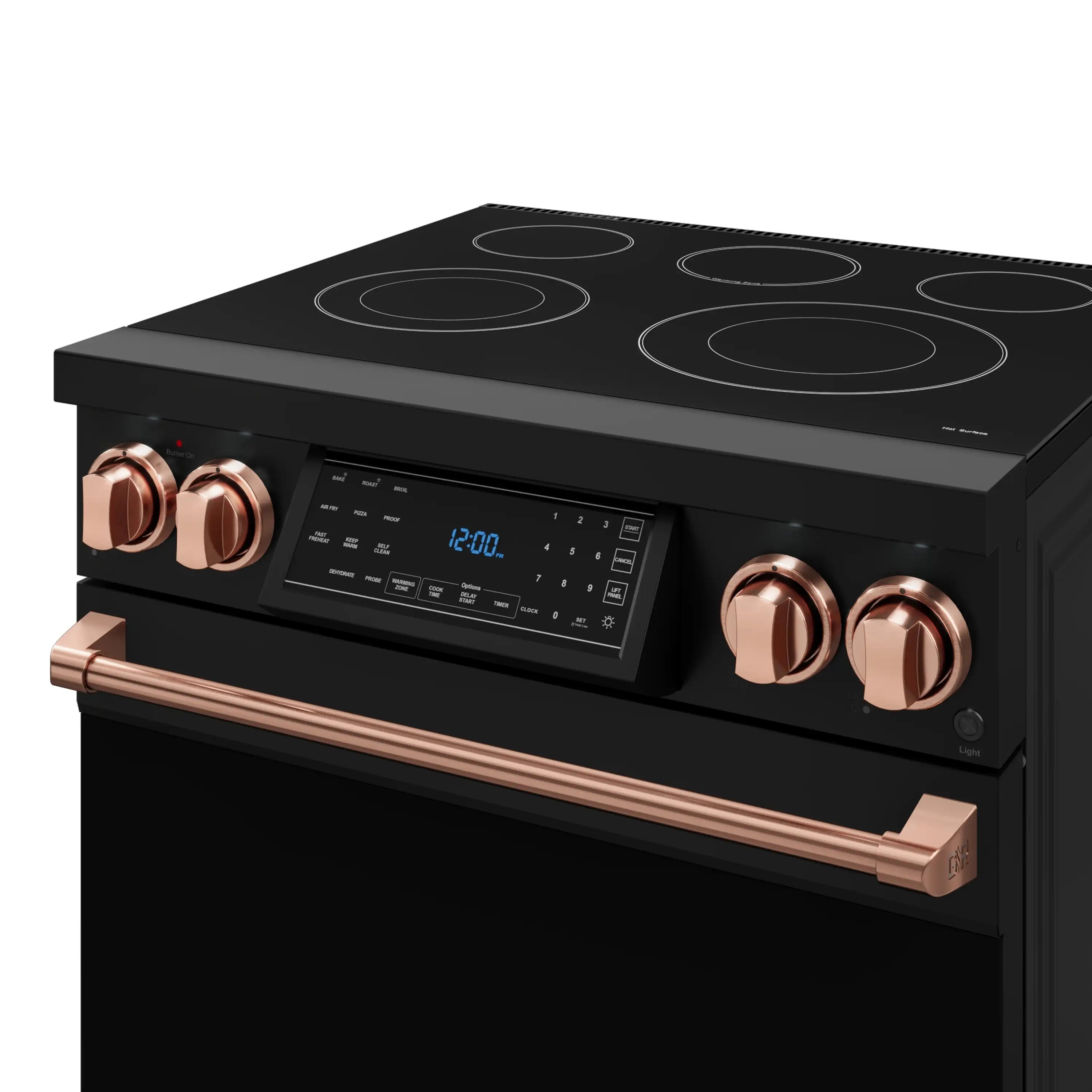 Black electric range control panel with blue display and rose-gold knobs